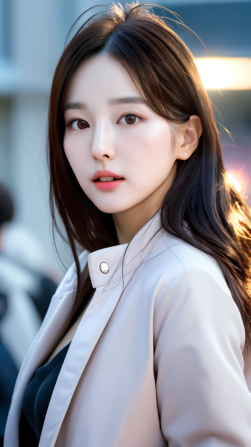 realistic photos of (1 cute Korean star), antenna hair, thin makeup, medium breasts size, long jacket, middle in the crowded, clear facial features, high resolution, sharp and realistic details, RAW, 16k, backlighting, reflection light, from side, UHD, retina, high details, high quality, best quality
