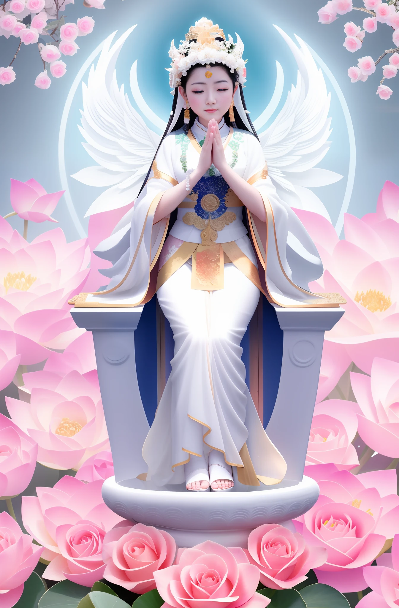 Guanyin standing on a lotus seat, Guanyin Bodhisattva, Guanyin Bodhisattva, white as jade, rose red, many roses, waterfall like snowy mountains, pouring, light, sparkling, super high detail, real photo, intricate detail, perfect composition, beautiful details complex, 8 k HD