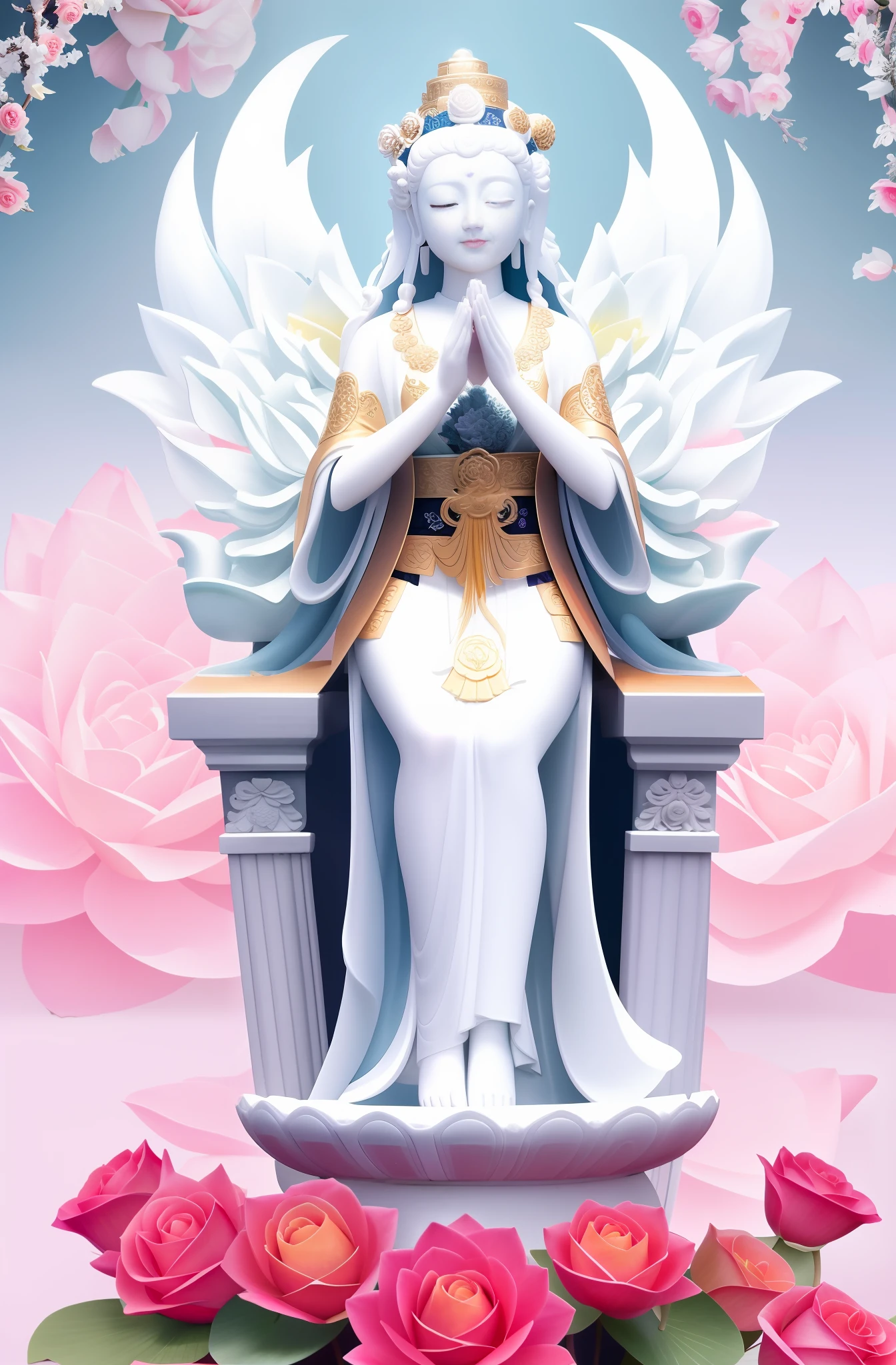 Guanyin standing on a lotus seat, Guanyin Bodhisattva, Guanyin Bodhisattva, white as jade, rose red, many roses, waterfall like snowy mountains, pouring, light, sparkling, super high detail, real photo, intricate detail, perfect composition, beautiful details complex, 8 k HD