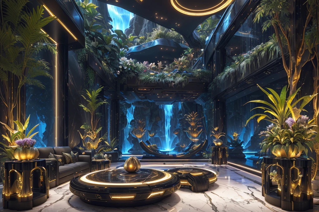 incredible luxurious futuristic interior in Ancient Egyptian style with many (((lush plants, gorgeous flowers))), (lotus flowers), ((palm trees)), rocky walls, ((sand)), ((waterfalls)) (marble), ((precious minerals)), ((metals)), (gemstones), crystals, clouds and ((water)), ((futuristic luxury furniture)), crocodiles, (hieroglyphics), (((ultra luxury))), (black marble) – with ((beautiful lights)), Unreal Engine, HQ, 16k