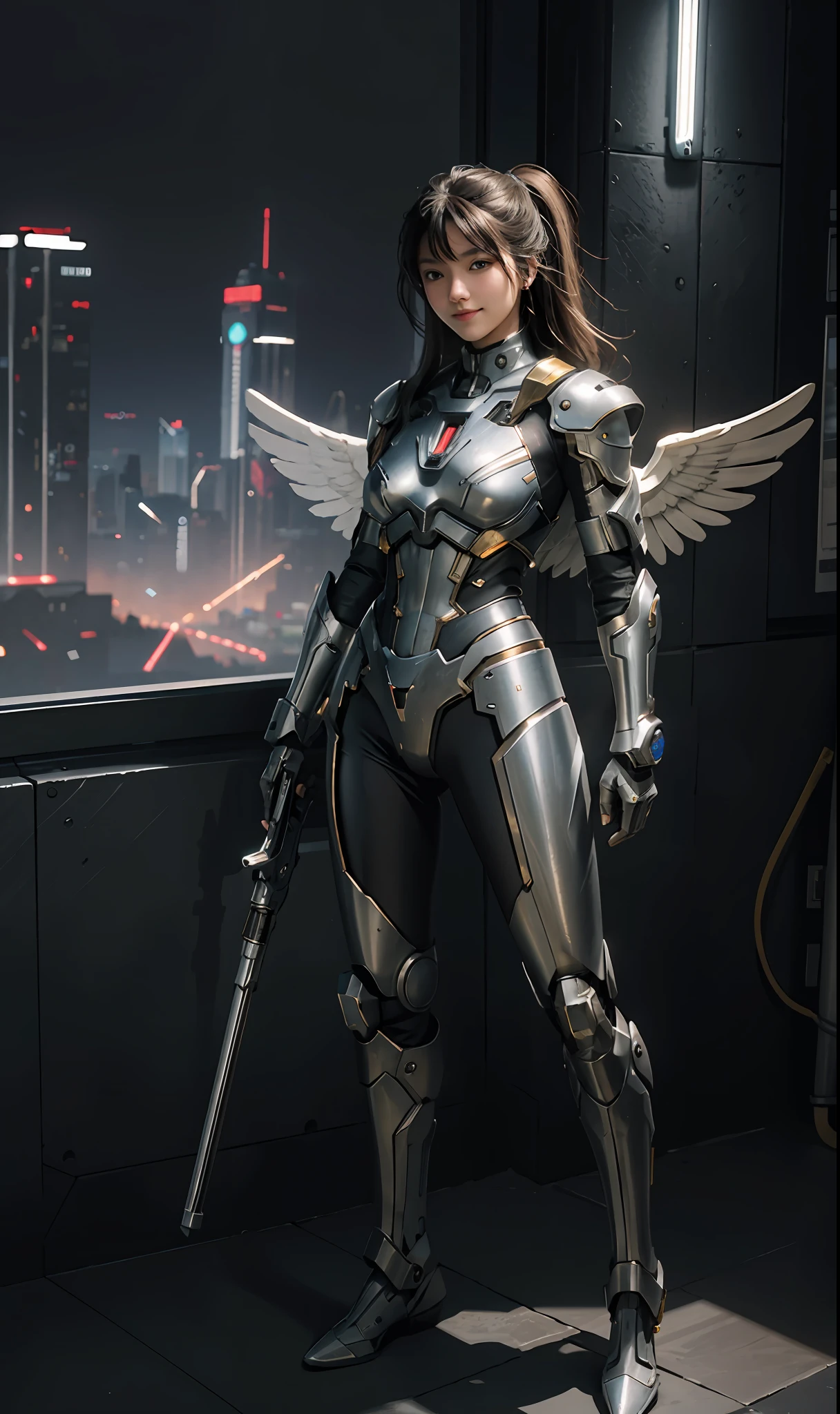 masterpiece,(bestquality),highlydetailed,ultra-detailed,1girl,(mechanicalwings:golden,glowingeyes:blue,silverarmor:1.2,elongatedears:0.8),(cyberpunkcity:1.5,weapon:energyblade),(fantasylandscape:1.2,natural lighting:1.5,confidentexpression),(panorama:1.2),mecha, smile,angle,Angels, wings,