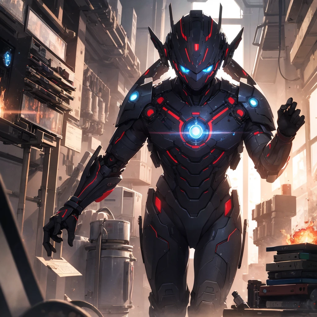 Absurd resolution, high resolution, (masterpiece: 1.4), hyperdetail, young man, sci-fi sense factory console, monitor, red armor, blue eyes, science fiction, fire