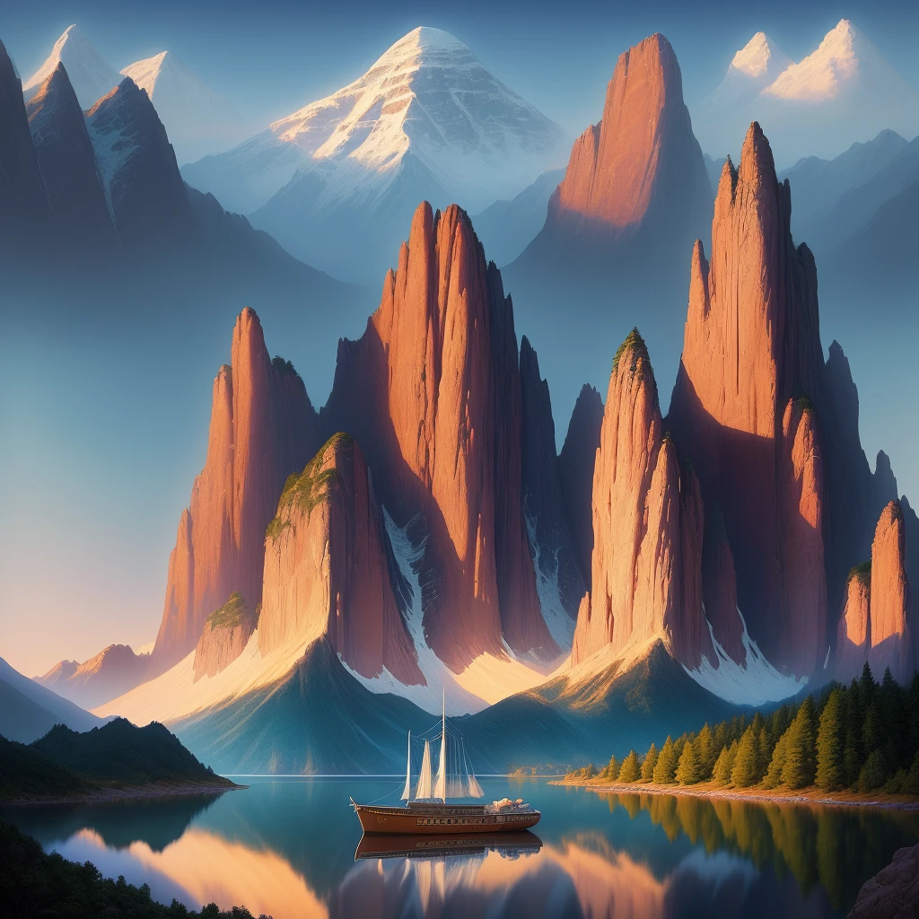 painting of a boat in a body of water with mountains in the background, jim warren and rob gonsalves, disney concept art, inspired by Tim Hildebrandt, inspired by Rob Gonsalves, by Tim Hildebrandt, disney inspired landscape, style of tim hildebrandt, inspired by Thomas Hart Benton, by David B. Mattingly