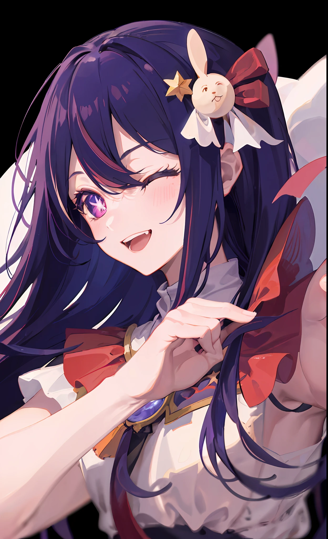 (best quality:1.4, masterpiece, 4k, details), Hoshino Ai, long hair, purple hair, streaked hair ,purple eyes, star-shaped pupils, hair ornament, on stage, smile, right hand pointing at camera, one eye closed, holding a mic with the left hand,close up shot, extremely detailed eyes, glowing eyes, highest quality digital art, Stunning art, wallpaper 4k