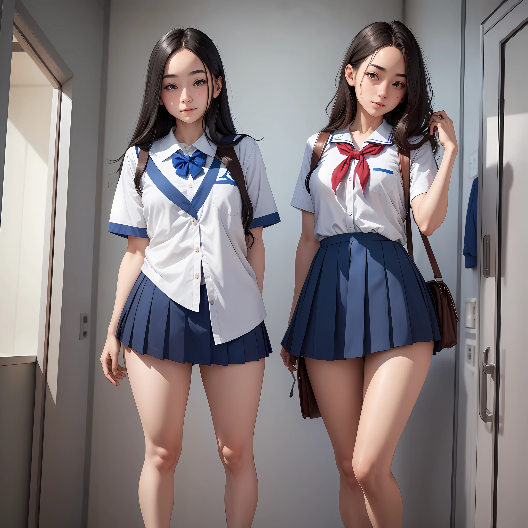 There is a woman wearing a shirt taking a picture, blue white uniform, magical school student uniform, wearing Air Jordan shoes, 22 years old, shy face, adult face, 4K style, realistic, long hair