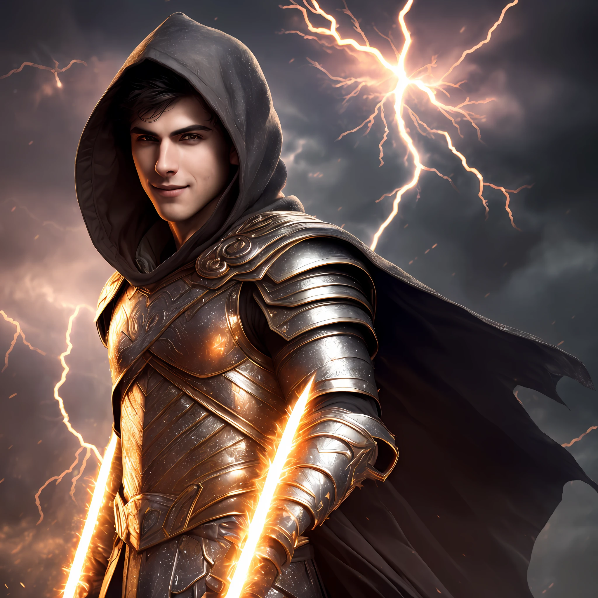 (extremely detailed CG 8k wallpaper, masterpiece, best quality, ultra-detailed), dynamic pose, a dazzling and handsome young man with a seductive hood and a Greek armor, (dark hair, a hint of smile, piercing eyes), dramatic shadows, dark atmosphere with lightning and fireworks around him.