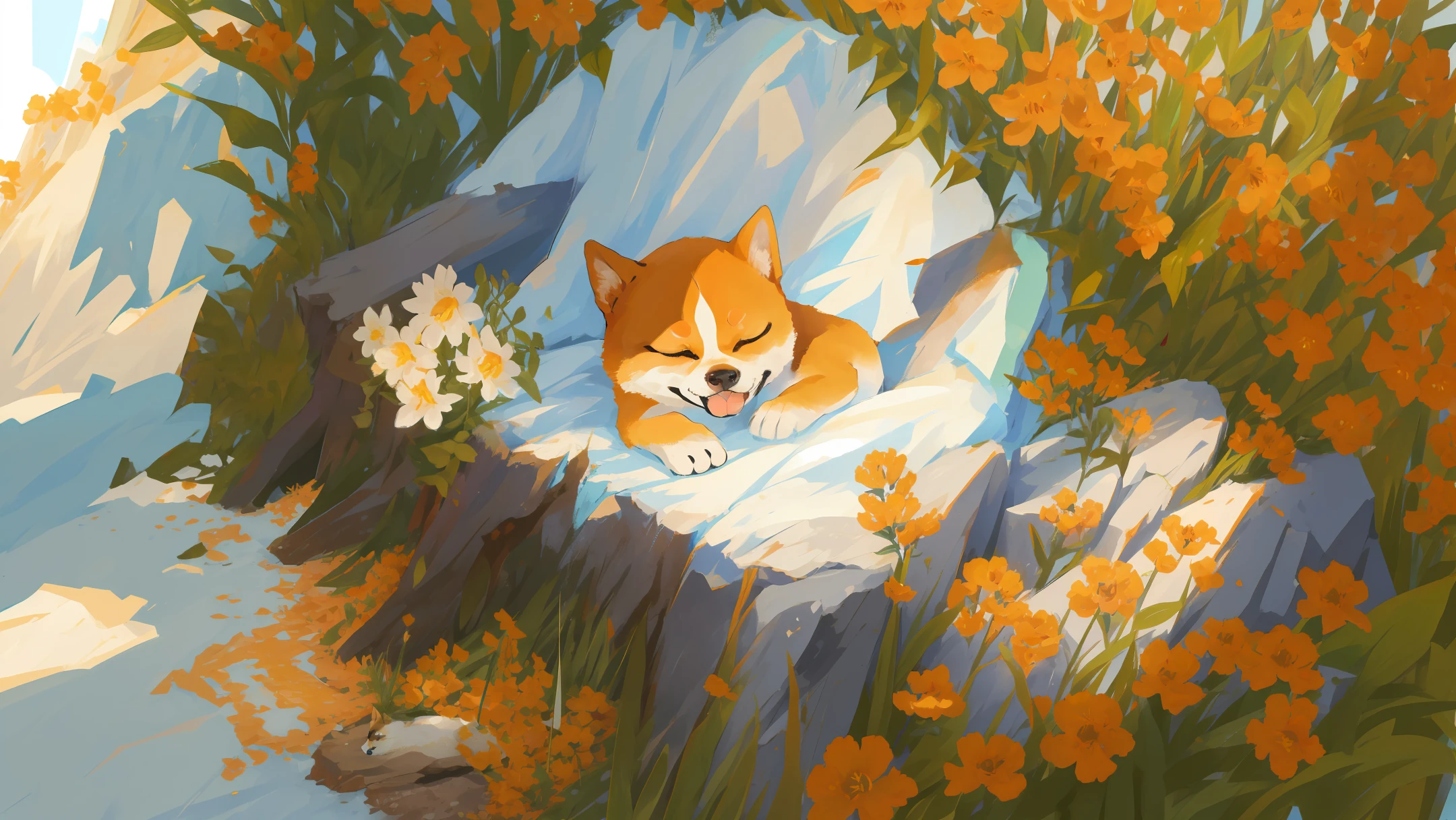 shiba inu sleeping, on top of an anthill, with flowers surrounding it.