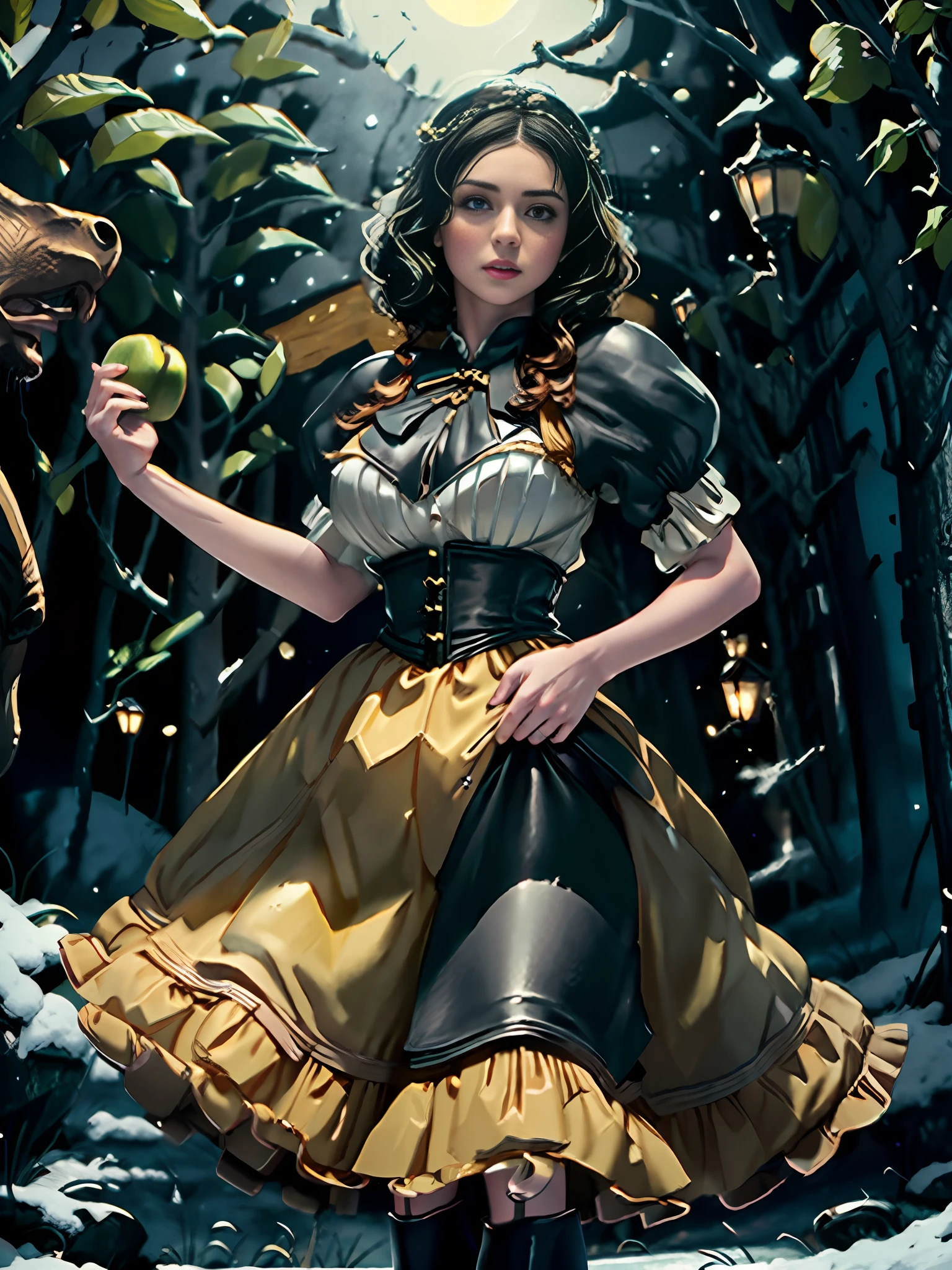 extremely beautiful snow white, subtle makeup, golden hour, photorealistic, high contrast, 8k HD, detailed, hyper-detailed, (curly bob short dark hair), realistic skin texture, large breast, best quality, ultra high res, raw photo, dramatic lighting, unreal engine, diffuse glow, (blue puffy sleeves top:1.1) , yellow skirt:1.1), (grabbing a toxic green poison apple), realistic detailed castle, fair maiden, romance, magic and witches, dark tales