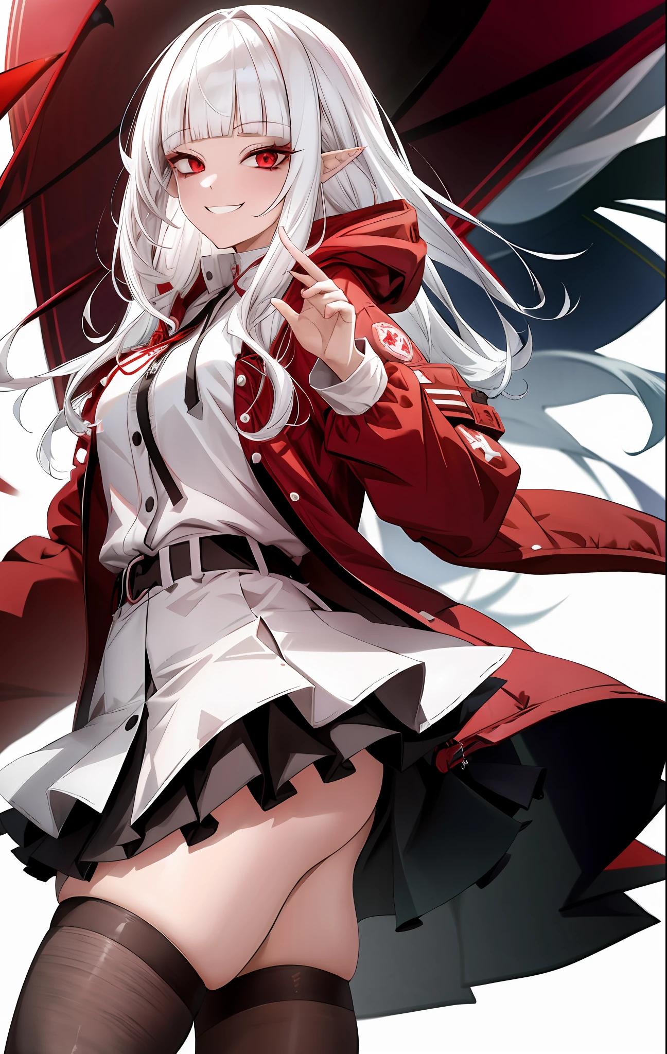 1girl, white hair, bangs, blunt bangs, vampire, frilled skirt, red windbreaker, modern windbreaker, modern, modern outfit, jacket, hood down, pointy ears, looking at viewer, smirk, solo, amused expression, smug, thigh-highs, red eyes, full body, simple background, white background, anime, (((modern day))), reference sheet, UHD, best quality