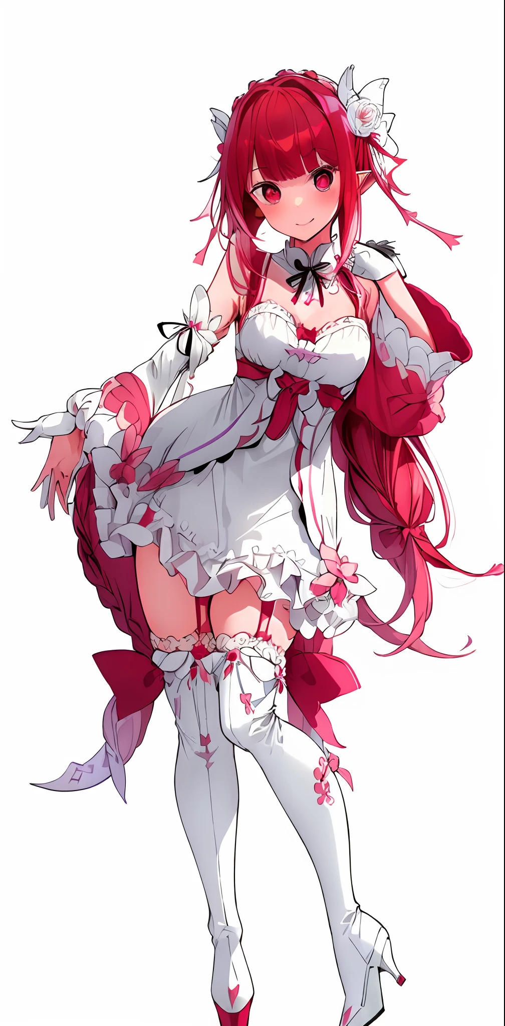 (masterpiece,best quality,CG,wallpaper,HDR,high quality,high-definition),(an extremely delicate and beautiful),(highly detailed eyes,extremely delicate and beautiful face),incredibly detailed,Perfect female body,elegant,noble,1 girl,(full body:1.4),large breasts,(white leather high heel thigh boots,white elbow gloves:1.4),garter straps, skirt,white thighhighs,(white background:1.3),/./././,no makeup,serious,expressionless,emilia (re:zero), bangs, hair ornament, red eyes, flower, hair flower, ribbon, hair ribbon, x hair ornament, breasts, open mouth, medium breasts, purple ribbon, cleavage, white flower, smile, braid, detached sleeves, petals, very long hair, dress, grey hair, crown braid, pointy ears, wide sleeves, frills, red hair, bare shoulders, skirt, blunt bangs, pleated skirt, white background,