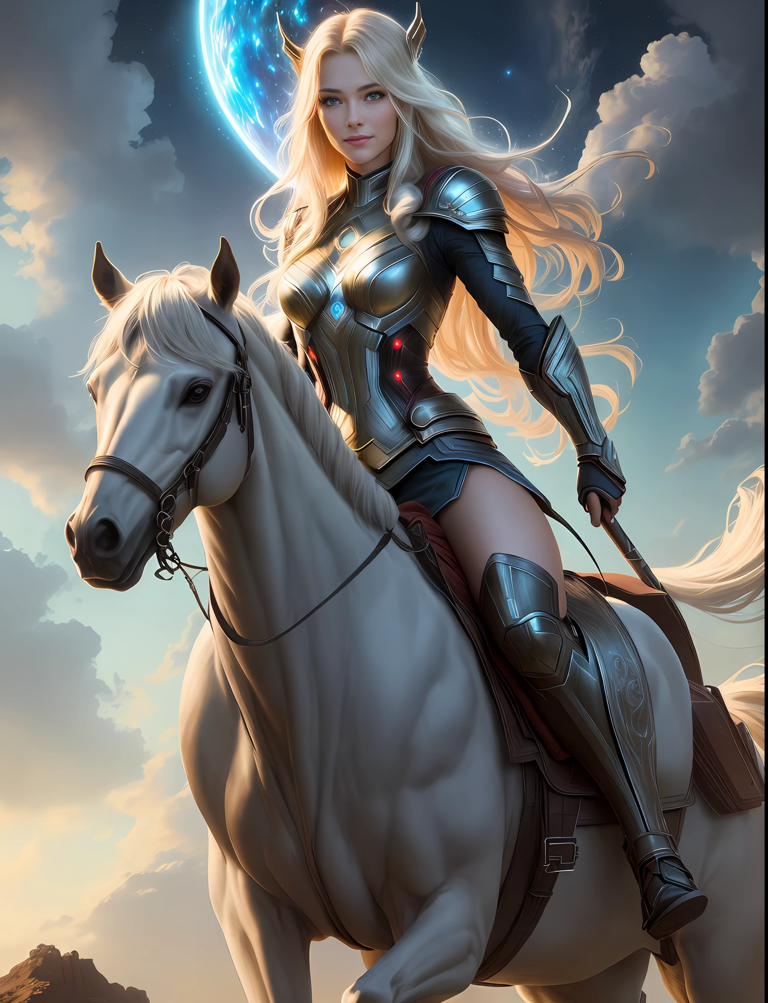 Realistic character shooting, planet Asgard in science fiction, Thor's woman riding on a skinny horse, woman riding a horse, bad smile, complex long hair, delicate face, flowing figure, gorgeous walking stick, bioluminescence