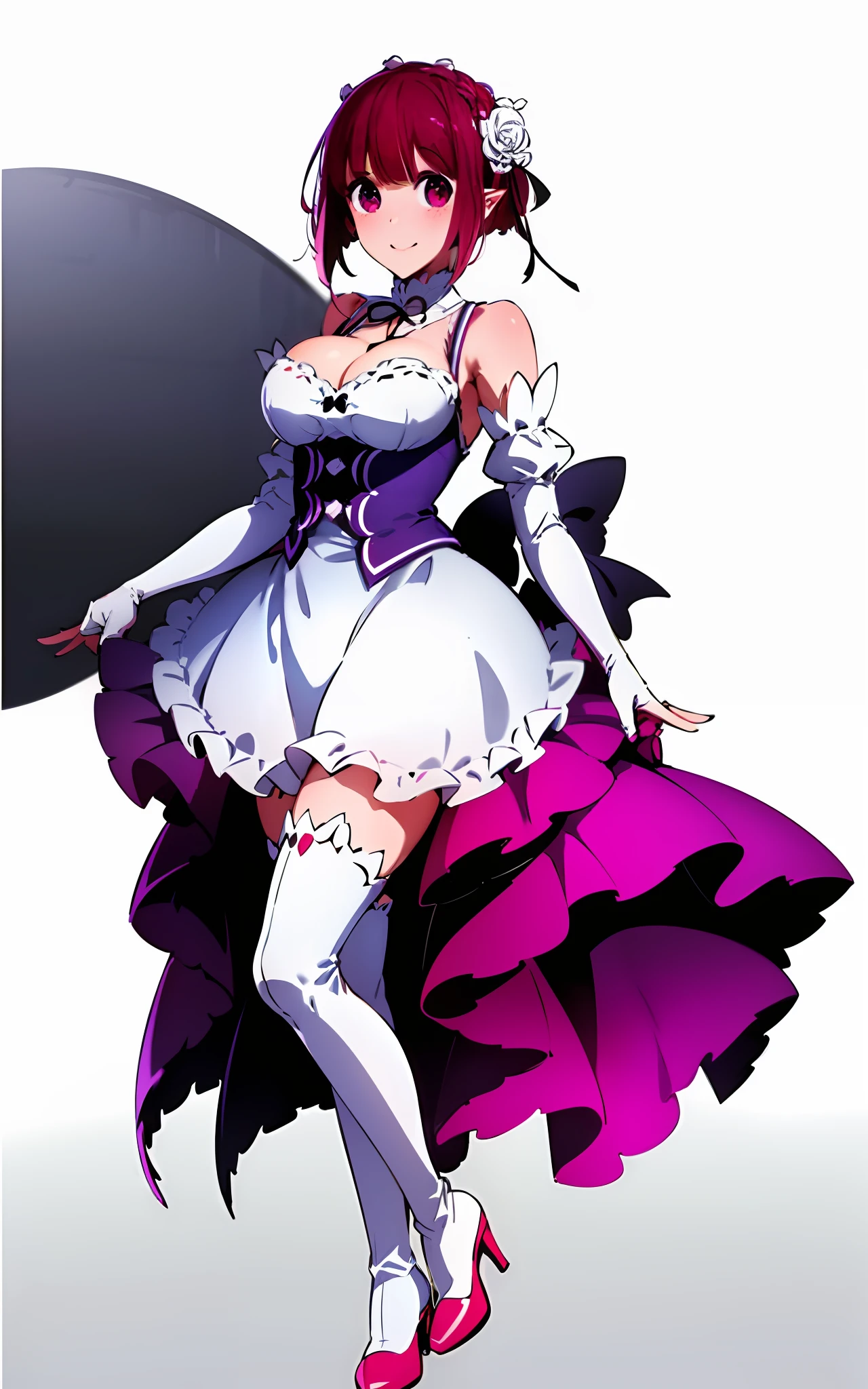 (masterpiece,best quality,CG,wallpaper,HDR,high quality,high-definition),(an extremely delicate and beautiful),(highly detailed eyes,extremely delicate and beautiful face),incredibly detailed,Perfect female body,elegant,noble,1 girl,(full body:1.4),large breasts,(white leather high heel thigh boots,white elbow gloves:1.4),garter straps, skirt,white thighhighs,(white background:1.3),/./././,no makeup,serious,expressionless,emilia (re:zero), bangs, hair ornament, purple eyes, flower, hair flower, ribbon, hair ribbon, x hair ornament, breasts, open mouth, medium breasts, purple ribbon, cleavage, white flower, smile, braid, detached sleeves, petals, very long hair, dress, grey hair, crown braid, pointy ears, wide sleeves, frills, white hair, bare shoulders, skirt, blunt bangs, pleated skirt, white background,