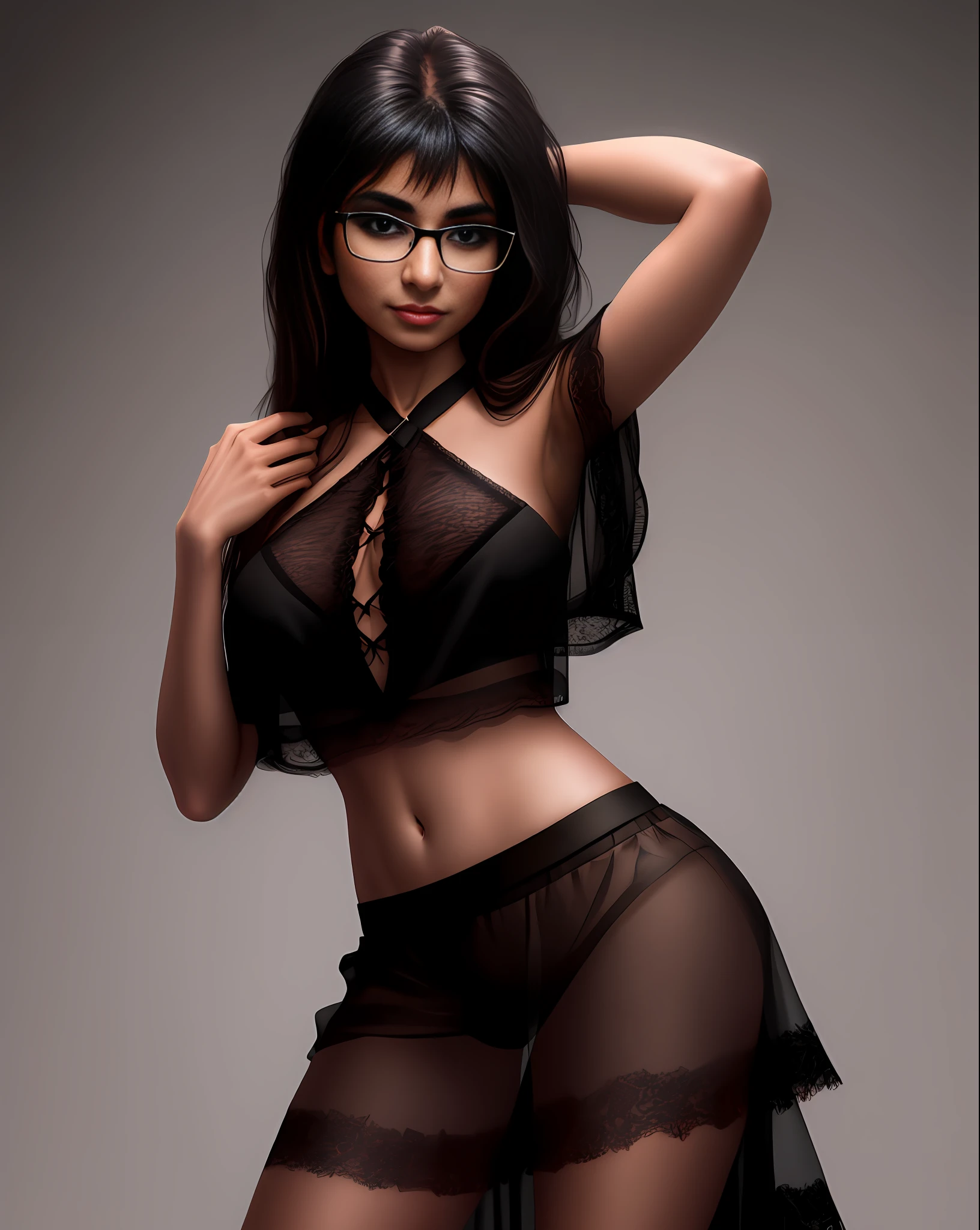 Mia Khalifa posing in translucent black blouse and lace skirt, minimalist photo studio background, full resolution, portrait style