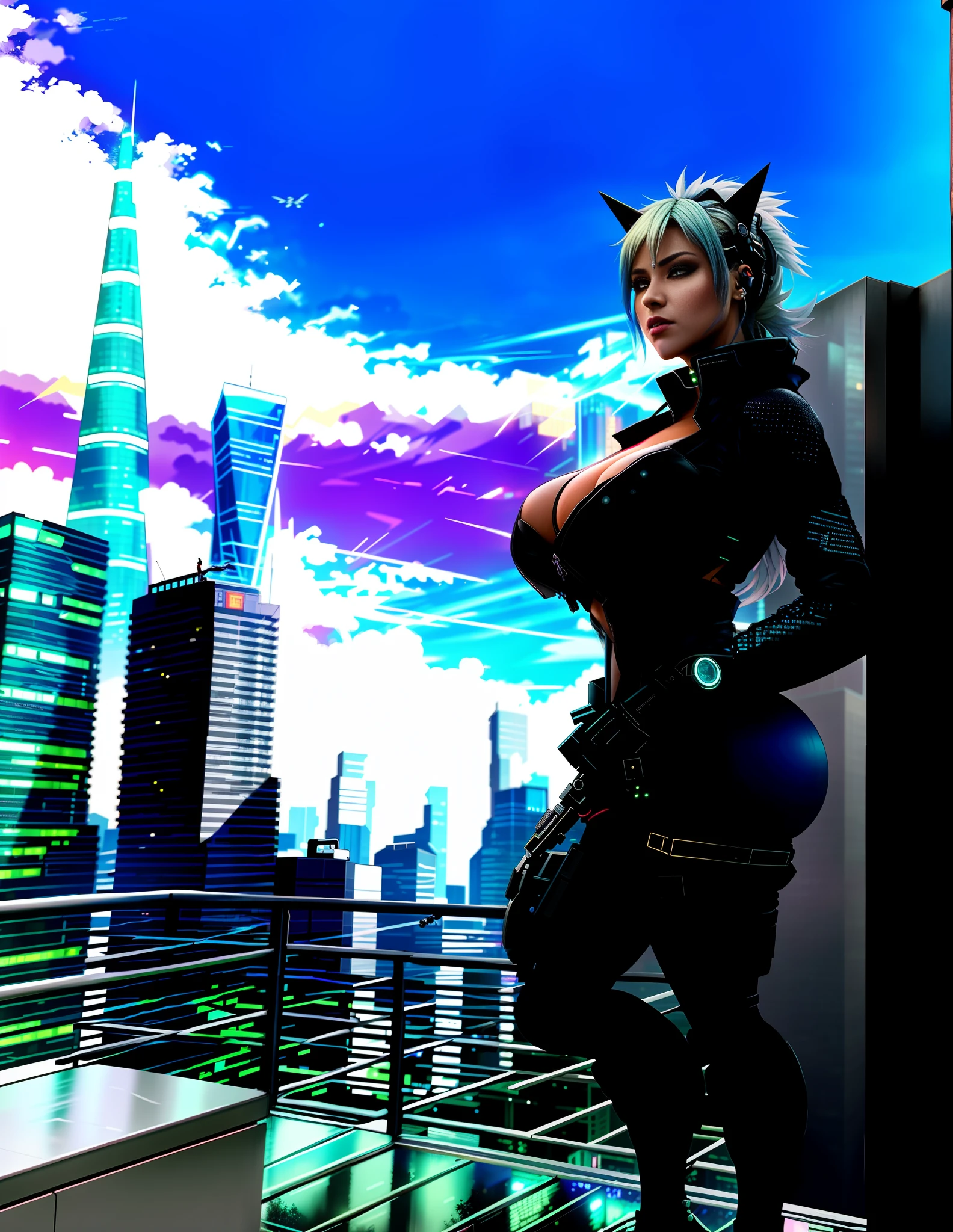 there is a woman standing on a ledge in a city, in cyberpunk city, in a cyberpunk city, at a cyberpunk city, at an cyberpunk city, in a futuristic cyberpunk city, at cyberpunk city, in cyberpunk style, cyberpunk in a cyberpunk city, cyberpunk art style, digital cyberpunk - anime art, in a cybercity, hyper-realistic cyberpunk style