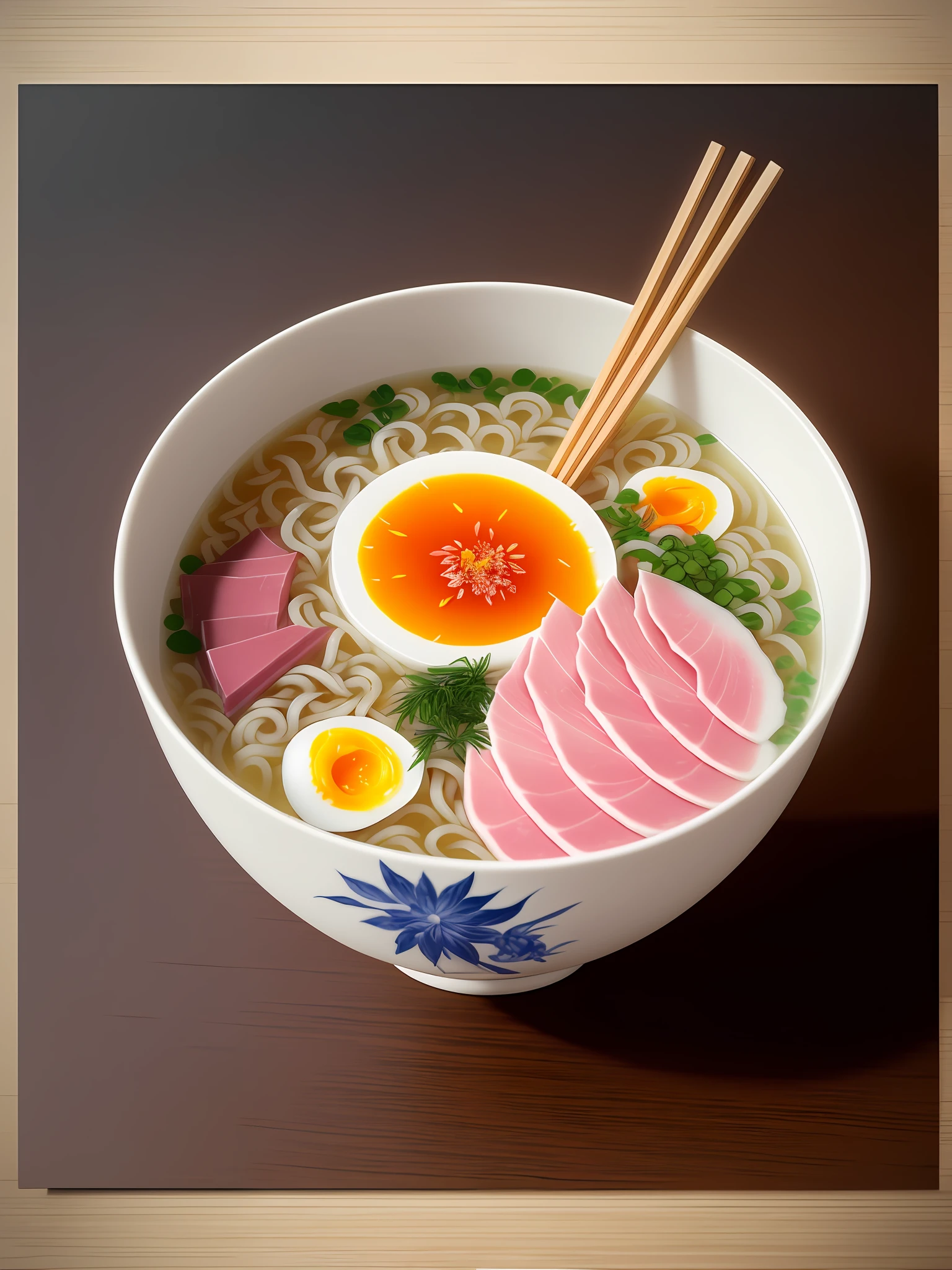 A large ramen half-boiled egg, a slice of sliced boiled ham,
((1 pair of chopsticks)), hot steaming rises,
High detail, very detailed, intricate detail, fine detail, hyper detail, cinematic, hyper realism,
Hyper-realism soft light, studio lighting, diffuse soft light, shallow depth of field, sharp focus bokeh,
ray tracing, subcutaneous scattering, diffuse soft lighting,
Very detailed, (intricately detailed, finely detailed, very detailed), cinematic, surreal,