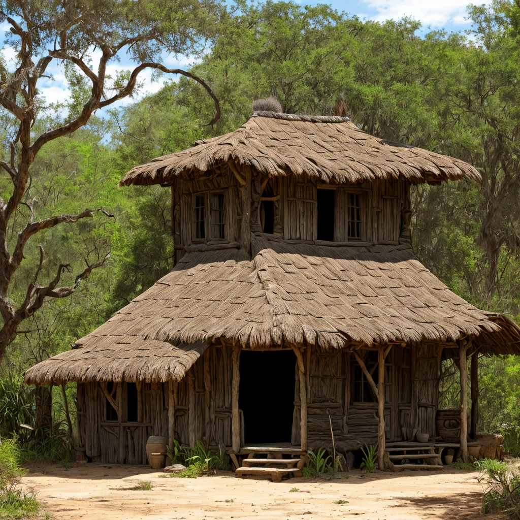 An amazing rustic, primitive house, roof covered with vegetation, door decorated with wild animal skin, in an African village in the middle of the savannah, dust, bushes, wild environment