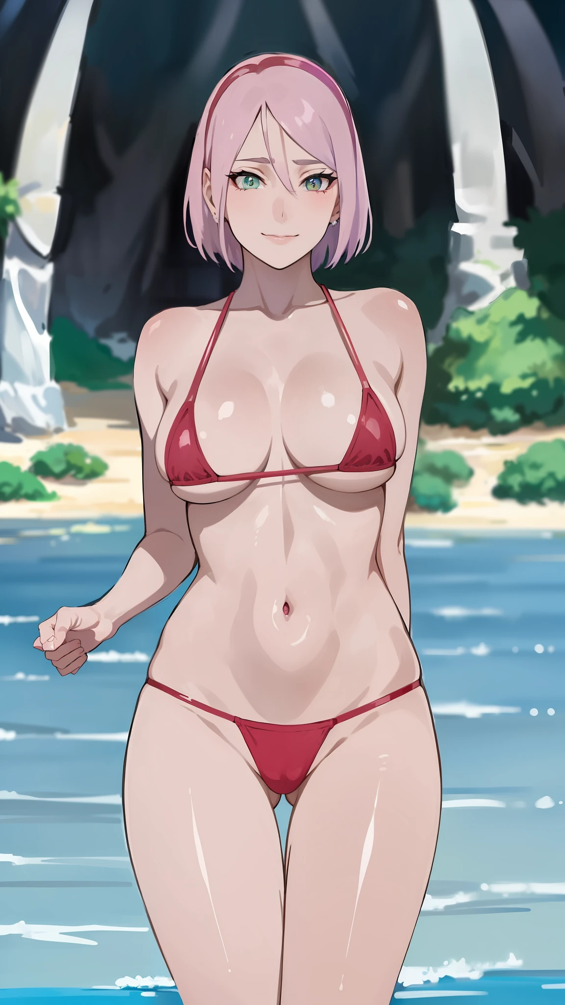 on breasts: 1.3), arms behind back, purple hair, masterpiece, top angle, looking at the viewer, 1 girl, cute, slender, black bikini, big breasts, loose breasts, thin waist, sweaty, shiny skin, bright skin, depth of field, sharp focus, detailed eyes, clear pupils, realistic pupils, delicate facial features, high resolution, (hyper-detail: 1.2), shiver, happy, happy smile,  content, embarrassed, (watery eyes: 1.5), (thick thighs: 0.4), red eyes, micro bikini, micro bikini