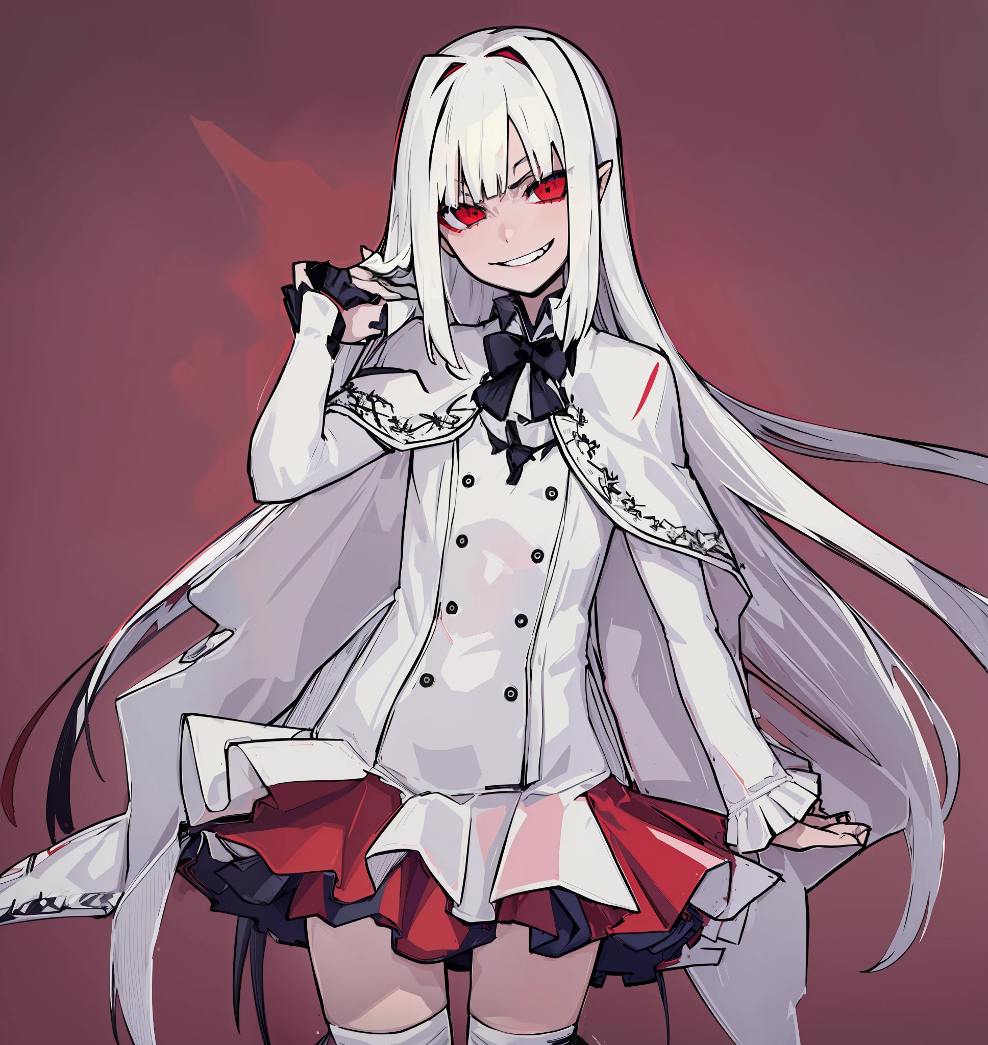 helltaker, 1girl, white hair, bangs, blunt bangs, vampire, frilled skirt, red windbreaker, modern windbreaker, modern, modern outfit, jacket, hood down, pointy ears, looking at viewer, smirk, solo, amused expression, smug, thigh-highs, red eyes, full body, simple background, white background, anime, (((modern day))), reference sheet, UHD, best quality