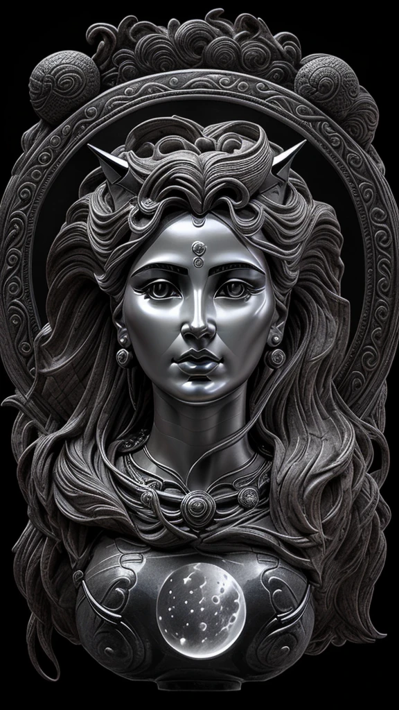 a close up of a metal sculpture of a woman with a moon in her hair, goddess. extremely high detail, 3 d goddess portrait, extremely detailed goddess shot, a stunning portrait of a goddess, goddess portrait, portrait of a beautiful goddess, goddess close-up portrait, hecate goddess, portrait of a norse moon goddess, goddess of space and time