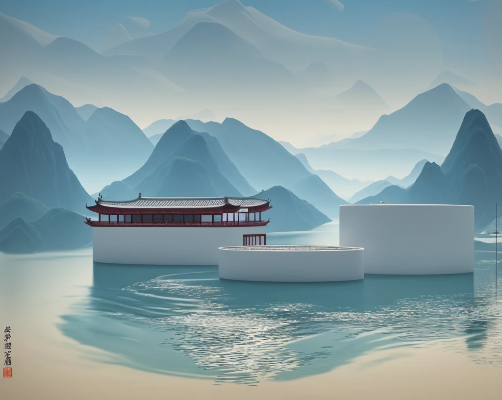 there are two containers sitting in the water with mountains in the background, detailed scenery —width 672, beautiful render of tang dynasty, beautiful detailed background, stylized digital illustration, chinese landscape, rendering of beauty pageant, chinese watercolor style, floating palace, beautiful render of a landscape, in style of 3d render, 3 d stylize scene, chinese painting style