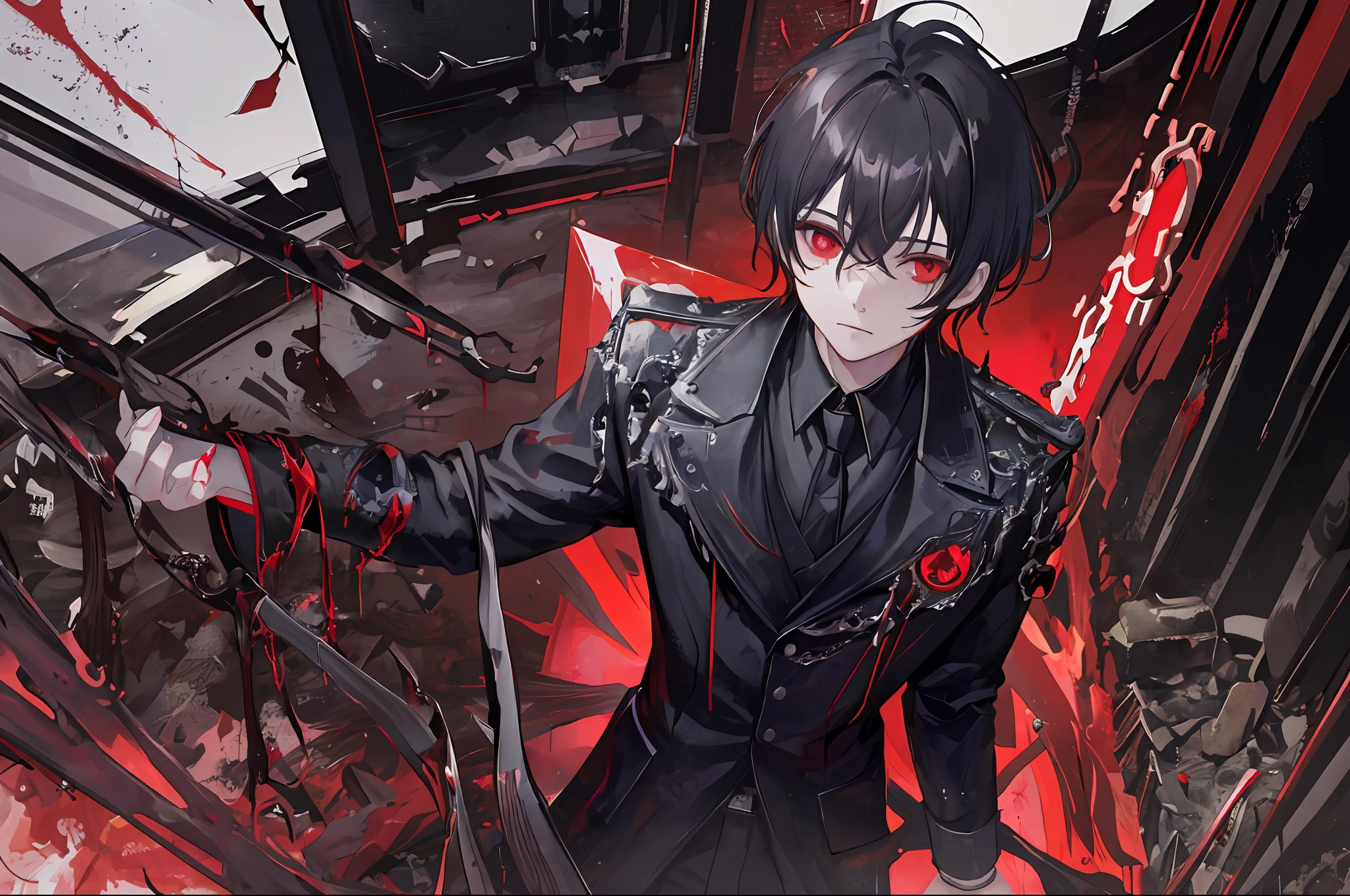masterpiece, best quality, 8k, digital painting, 1boy, solo, standing, young adult, black hair, short hair, hair accessory, red eyes, circular pupil, emotionless expression, bloodstains, glitch effect, horror, dark background, neon lights, surreal, eerie, unsettling, creepy, horror, cry, wear crown, black suit.