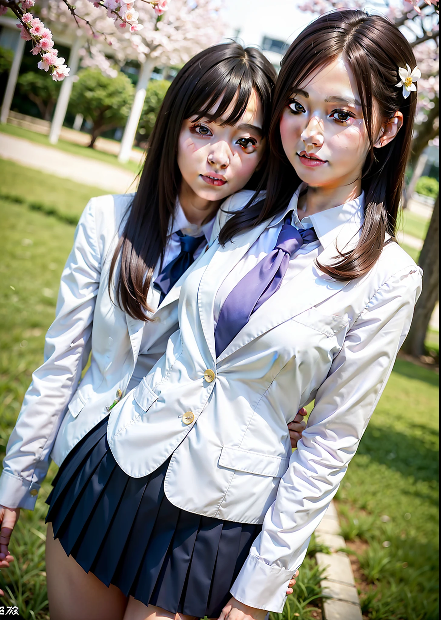 realistic, 2pretty girls,
school uniform, wide-angle, (low angle), (looking at viewer), high school girls, (pleated fabric skirt), tie, white suit, serafuku, posing, hanami,
black eyes, woman, shiny skin, (skindentation), small breasts