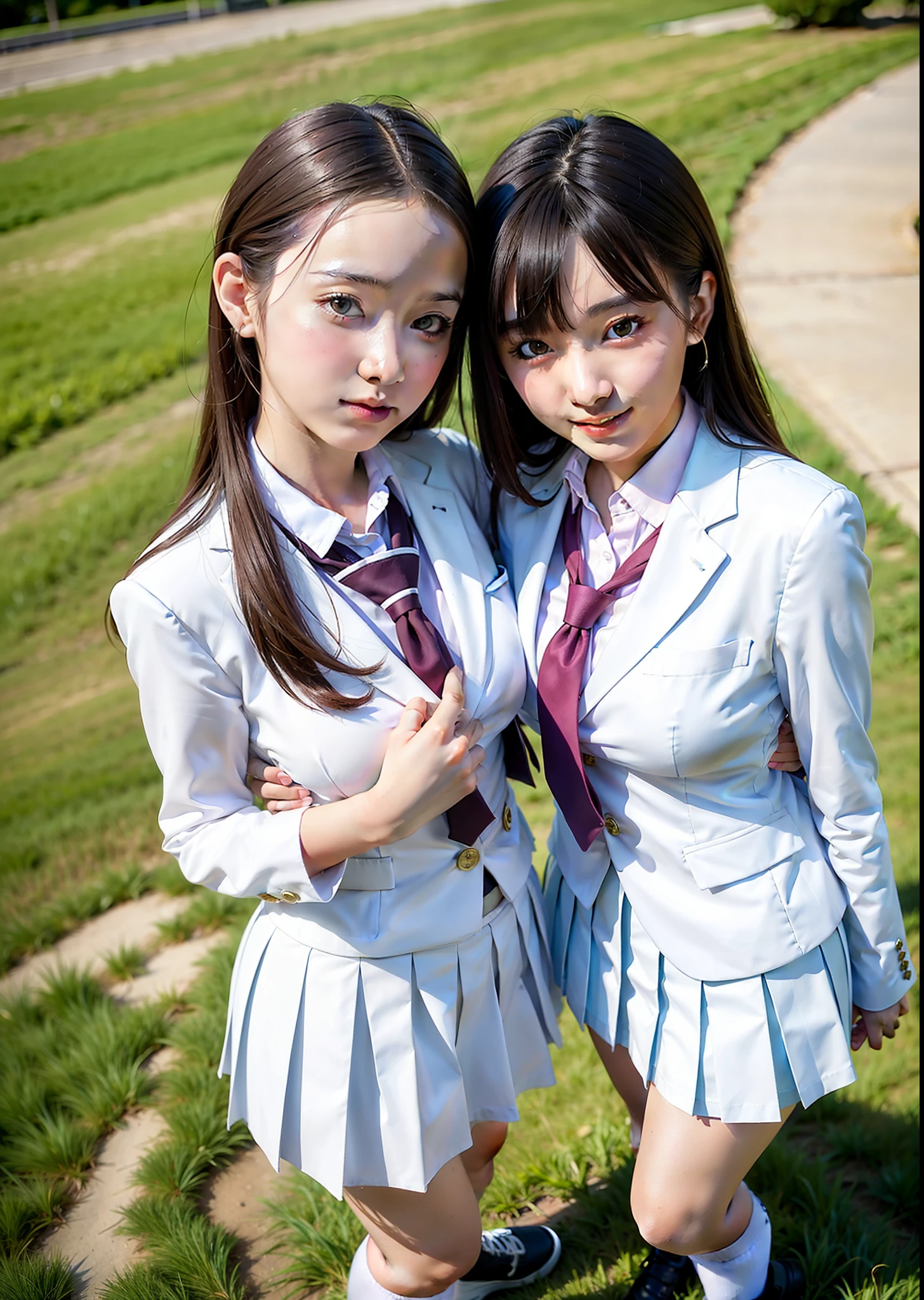 realistic, 2pretty girls,
school uniform, wide-angle, (low angle), (looking at viewer), high school girls, (pleated fabric skirt), tie, white suit, serafuku, posing, hanami,
black eyes, woman, shiny skin, (skindentation), small breasts