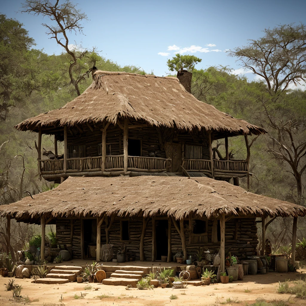 An amazing rustic house, primitive, roof covered with vegetation, door decorated with wild animal skin, rustic flags, a small campfire, some tribal utensils, in an African village in the middle of the savannah, dusty environment, dry and warm environment, very sunny, dust, bushes, wild environment