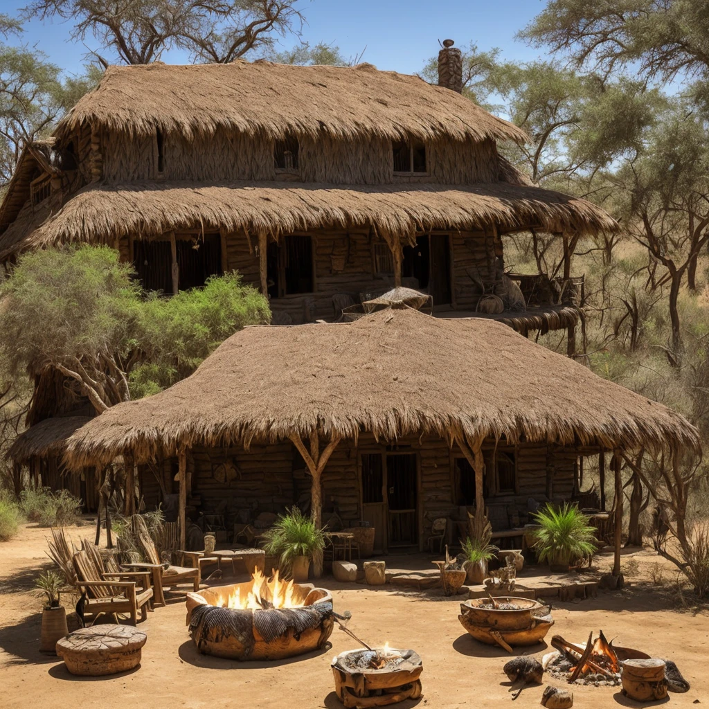 An amazing rustic house, primitive, roof covered with vegetation, door decorated with wild animal skin, rustic flags, a small campfire, some tribal utensils, in an African village in the middle of the savannah, dusty environment, dry and warm environment, very sunny, dust, bushes, wild environment