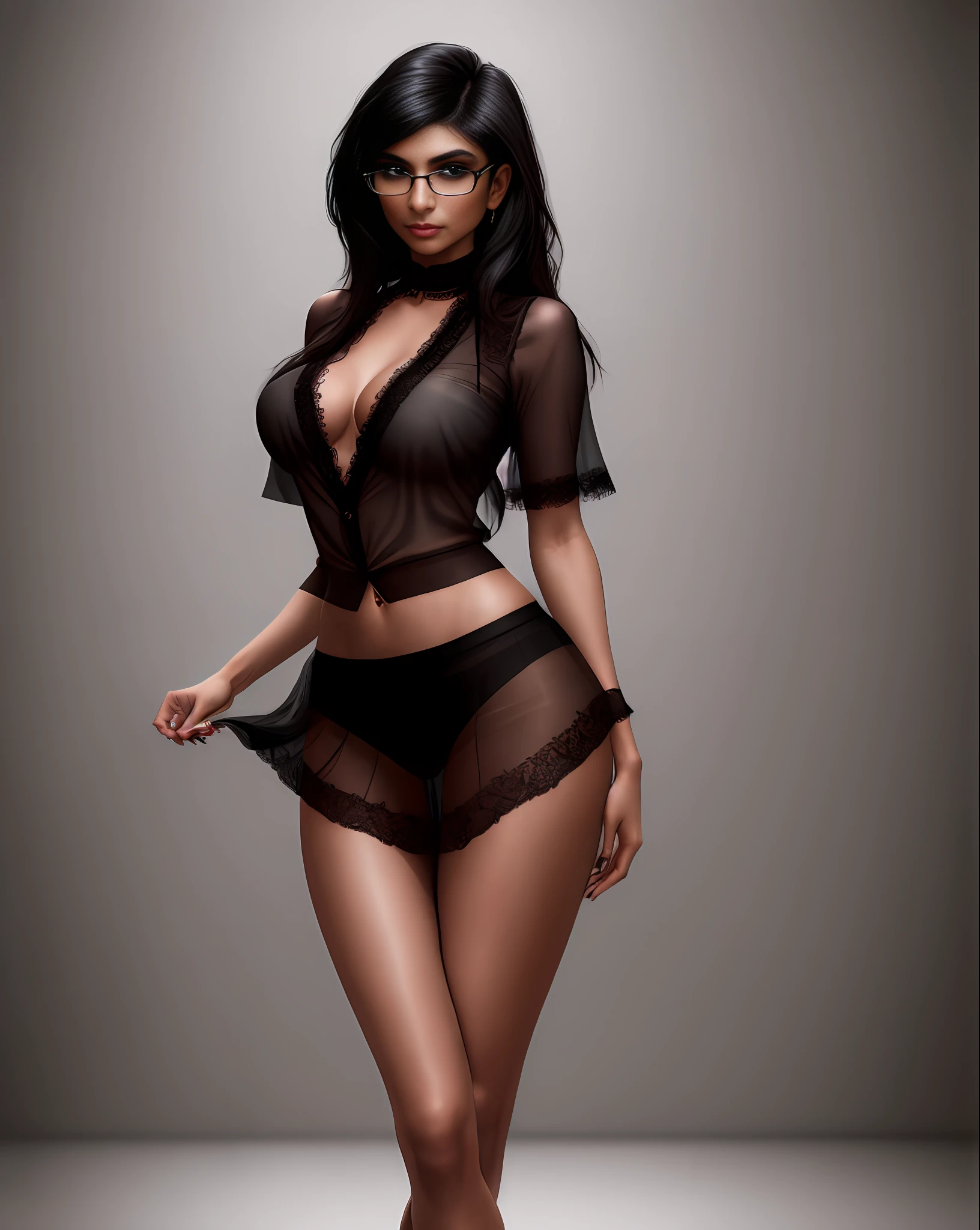 Mia Khalifa posing in translucent black blouse and lace skirt, large pointed breasts, sensual, thick legs, provocative, she is standing, stunning, exciting look, irresistible, realistic photography, realistic photo, minimalist photo background, full resolution, portrait style