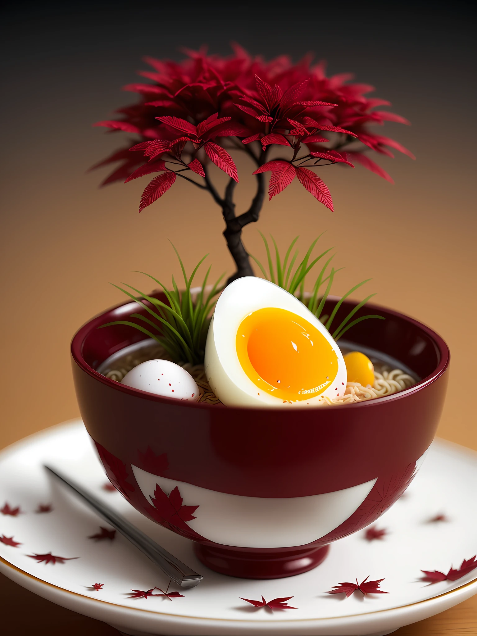 Inside a maroon bowl with ramen noodles, there is 1 soft-boiled egg, 1 thin slice of ham and 1 pair of chopsticks, next to it is a bonsai with a red maple leaf with a rock, high detail, very detailed, intricate detail, fine detail, hyper detail, cinematic, hyper realism, hyper realism soft light, studio lighting, diffuse soft lighting, shallow depth of field, sharp focusing bokeh, ray tracing, subcutaneous scattering, diffuse soft lighting,  Very detailed, (intricately detailed, finely detailed, very detailed), cinematic, surreal,