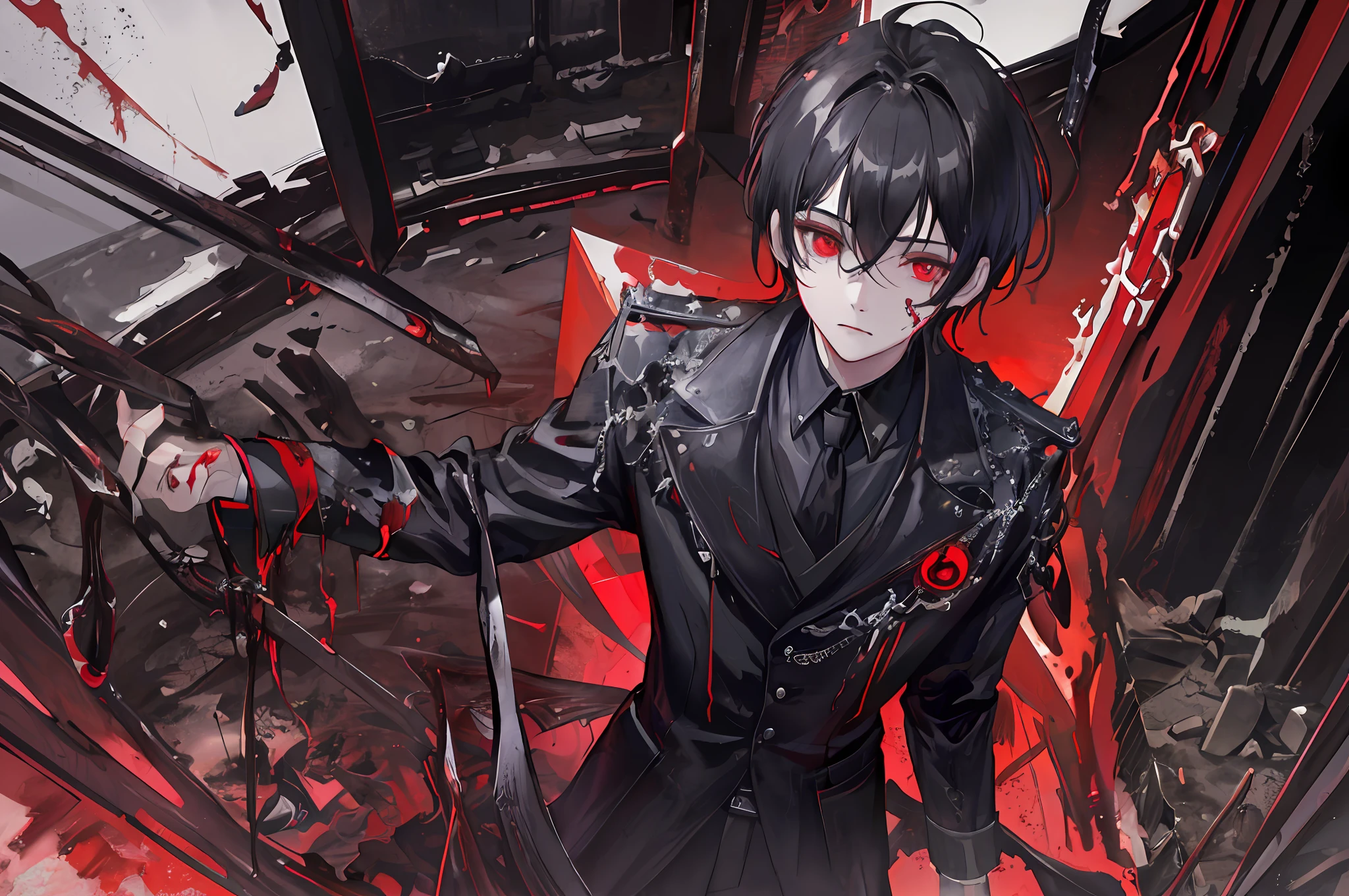 masterpiece, best quality, 8k, digital painting, 1boy, solo, standing, young adult, black hair, short hair, hair accessory, red eyes, circular pupil, emotionless expression, bloodstains, glitch effect, horror, dark background, neon lights, surreal, eerie, unsettling, creepy, horror, cry, wear crown, black suit.