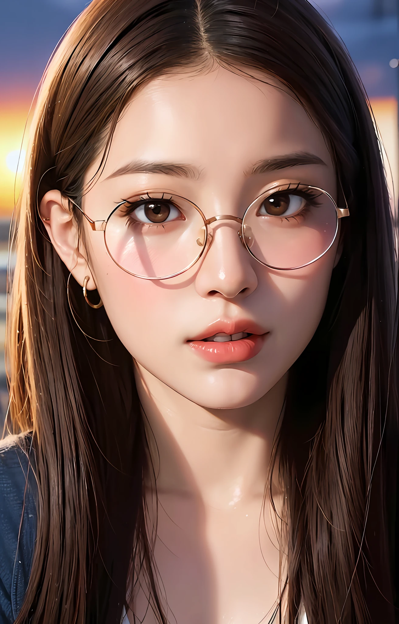 17 years old, arafed woman whole body portrait with glasses and a tie posing for a picture, 8k artgerm bokeh, [ 4 k photorealism ]!!!, [ 4 k photorealism ]!!, pokimane, with glasses, photorealistic digital painting, ross tran 8 k, 8k portrait render, photorealistic artstyle, with glasses on, detailed face of a asian girl, 8yk,raw photo,(masterpiece), (best quality), highres,(1girl),(realistic, photo-realistic:1.2),ultra detailed, physically-based rendering, necklace, earrings, air bangs, hair ornament,sunset, collarbone,wristband,navel,long hair,brown hair,ahoge,1girl, huge breasts,beach, wavy hair, thin