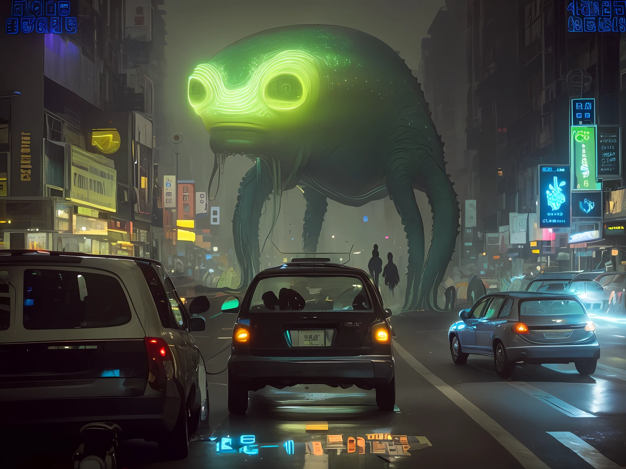 there is a giant creature that is on the street in the city, beeple art, beeple!!, beeple masterpiece, beeple artwork, beeple daily art, beeple |, beeple. hyperrealism, style hybrid mix of beeple, by Beeple, realism | beeple