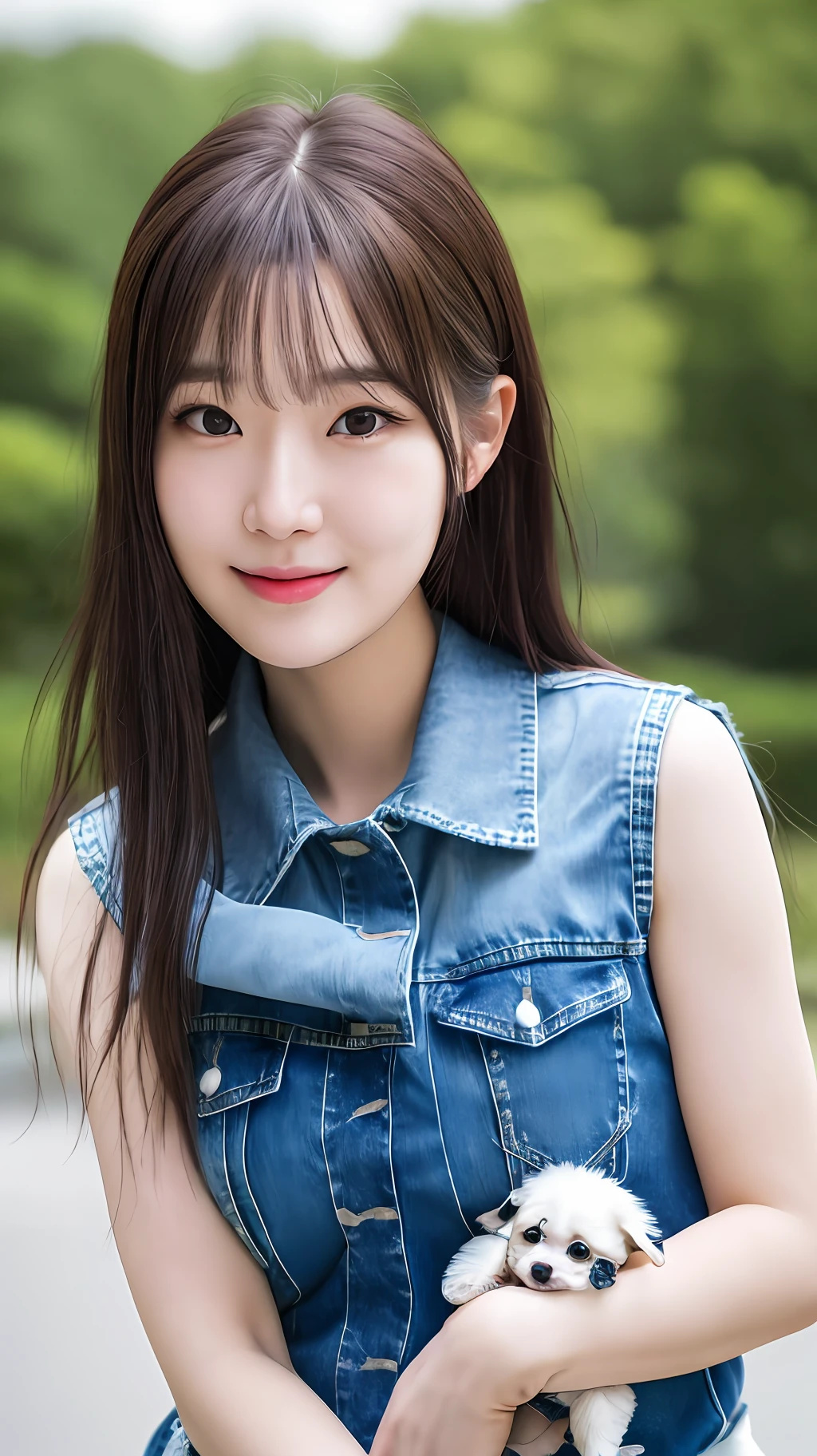 realistic photos of (1 cute Korean star), hair flaps, thin makeup, medium breasts size, slightly smile, sleeveless denim shirt, holding little puppy, clear facial features, high resolution, sharp and realistic details, RAW, 16k, first-person view, Eye-Level Shot, Canon, 135mm, jpeg artifacts, chromatic aberration, UHD, masterpiece, highres, high details