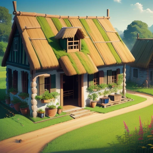 Village house as an anthill. There are plants in the pots around
