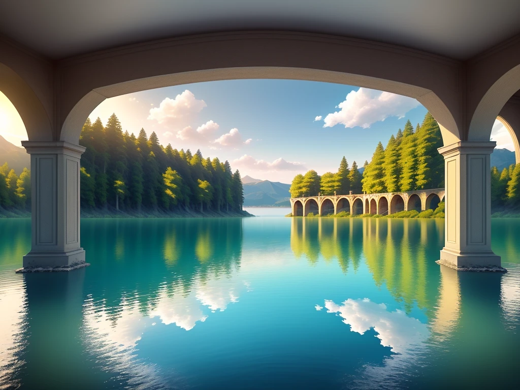 Scene: A lake, the water is wide, quiet and clear, and the view is boundless.
Protagonist: A group of lively and cute children standing happily by the lake with bright smiles on their faces.
Grand Theatre: Located in the center of the lake, the Grand Theatre consists of two parts, one built on the lake and the other submerged to the bottom of the lake.
Bridge: A long bridge spans the lake and connects the shore of the lake to the Grand Theater. The bridge is built of solid stone and elegant arched construction.
Environment: The environment in a painting should be full of serenity and beauty. The blue sky is high, white clouds float in it, and sunlight shines on the lake, forming shimmering light spots. The whole picture should have a sci-fi and modern feel.