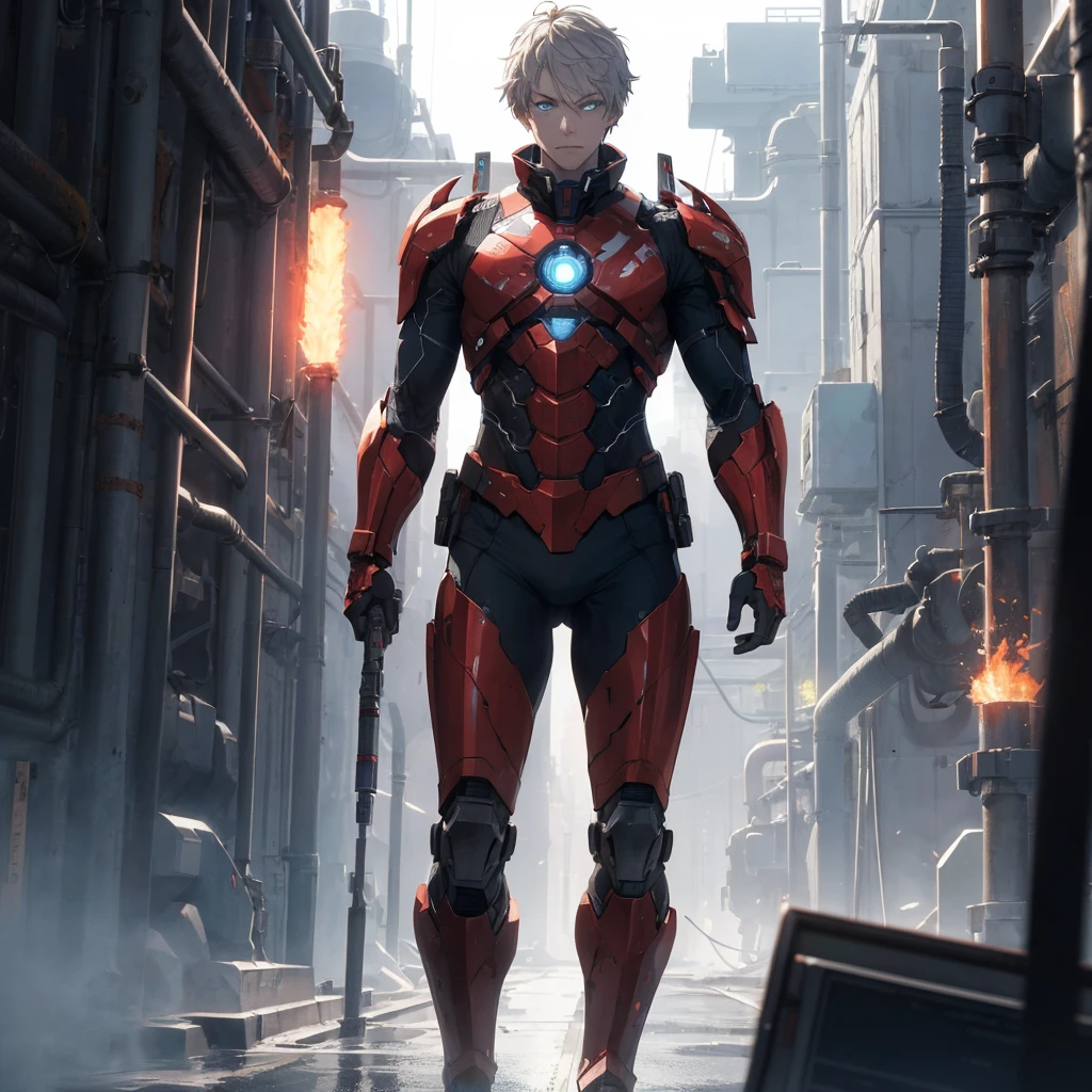 Absurd resolution, high resolution, (masterpiece: 1.4), hyper-detail, sci-fi sense factory console, monitor, red armor, no weapon, blue eyes, science fiction, fire, standing dumbfounded, not starting, a man standing at his feet