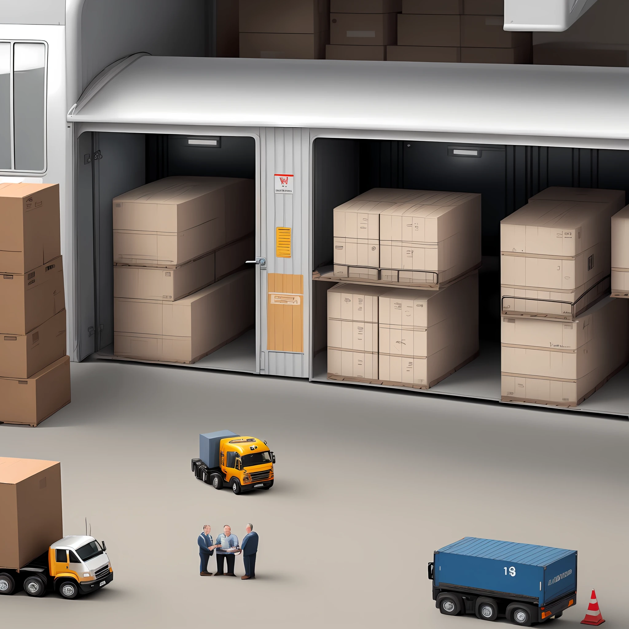 Miniature of men working on logistics, focus on scene, only 3 men and 1 truck, miniature, white background.