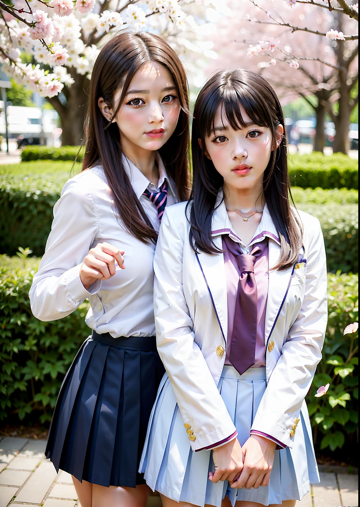 realistic, 2pretty girls,
  school uniform, looking at the viewer, high school girls, (pleated fabric skirt), tie, white suit, serafuku, posing, hanami,
black eyes, woman, shiny skin, (skindentation), small breasts