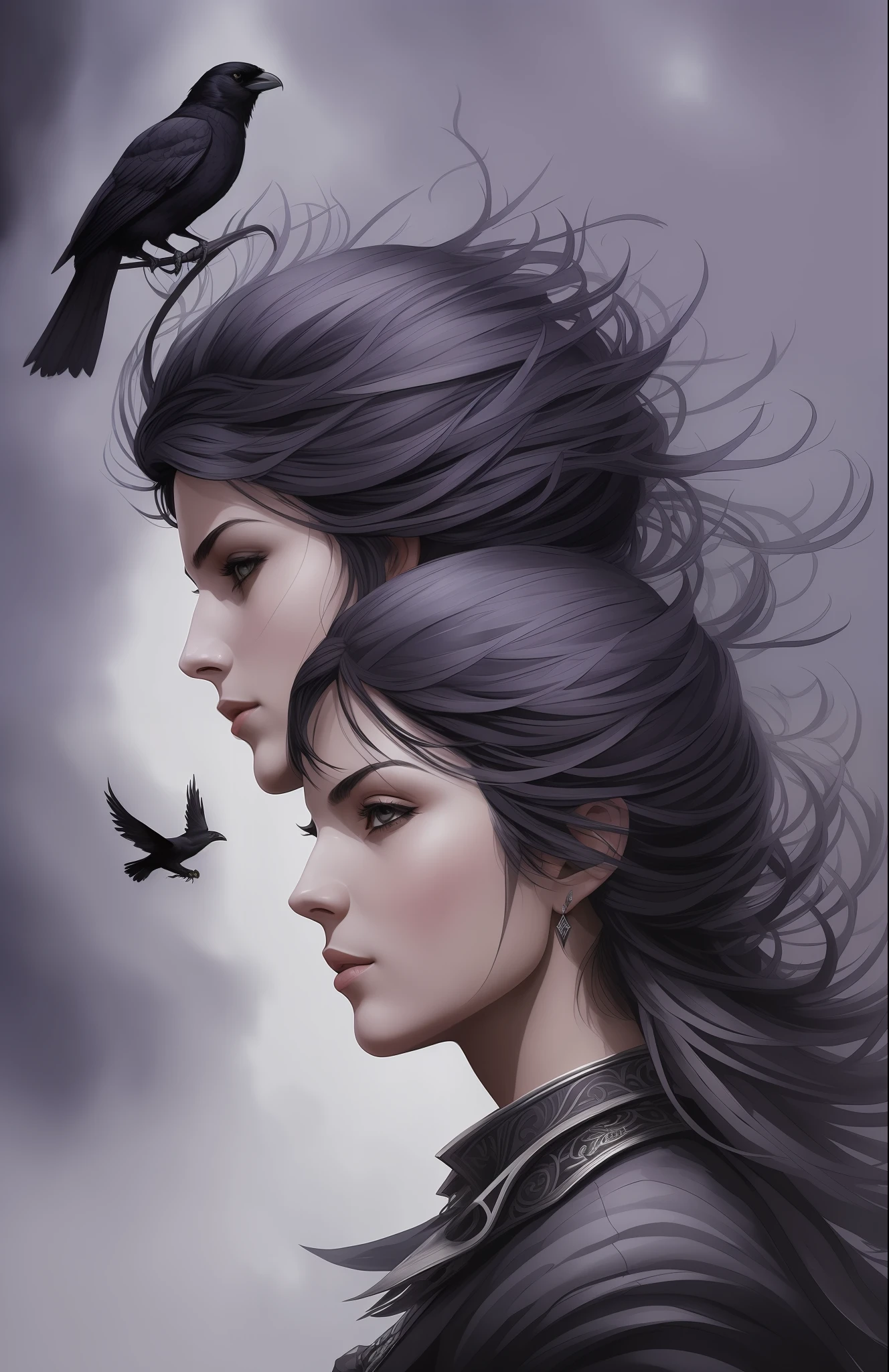 "((best quality)), ultra-detailed, masterpiece in the style of muljer com corvo na cabeca, featuring a woman with a crow perched on her head, dynamic angle, high resolution, purple-grey monochromatic color scheme, lighting set to emphasize shadows, atmospheric and surreal, watercolor-like, floating."