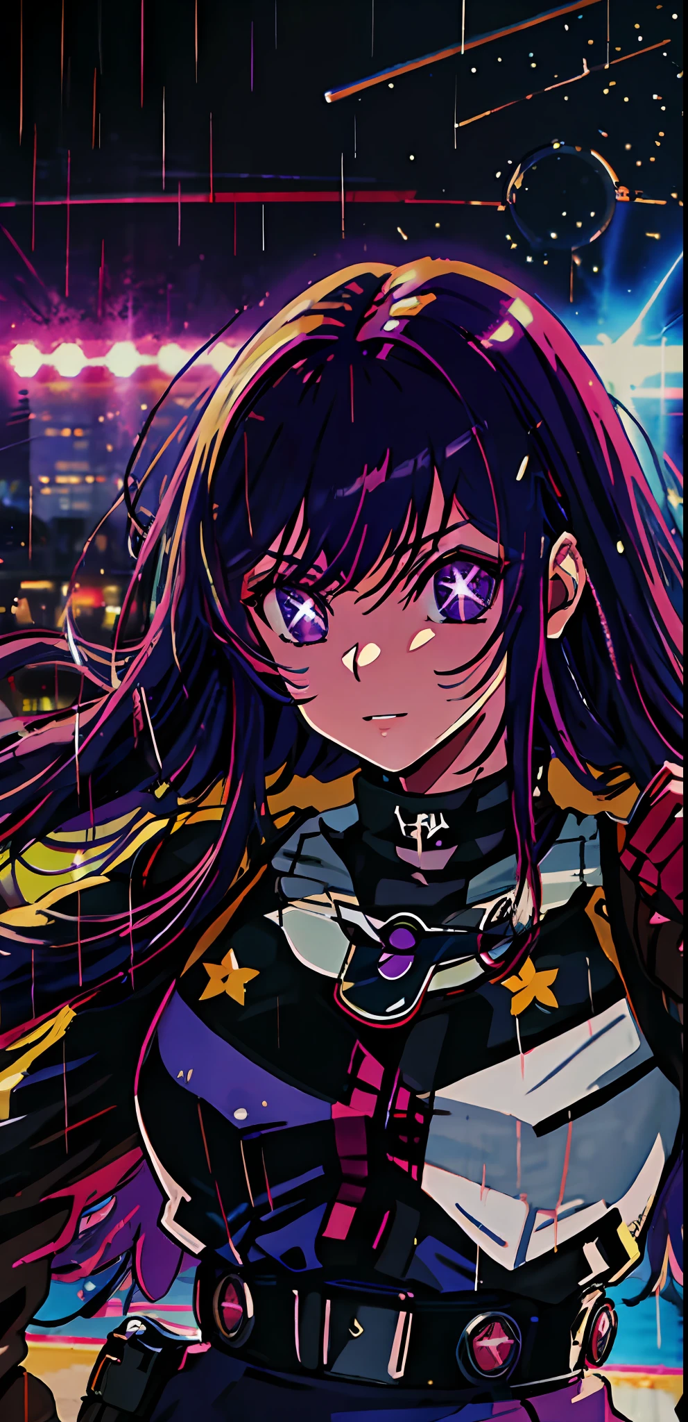 1girl, solo, black assassin military uniform, bangs,happy,posing, multicolored hair, (masterpiece:1.2), highres, best quality, 8k, Night neon city Tokyo background,purple hair, star eye pupils, purple eyes, character detail , night detail , eyes detail , background city detail , rainy time , rain detail ,