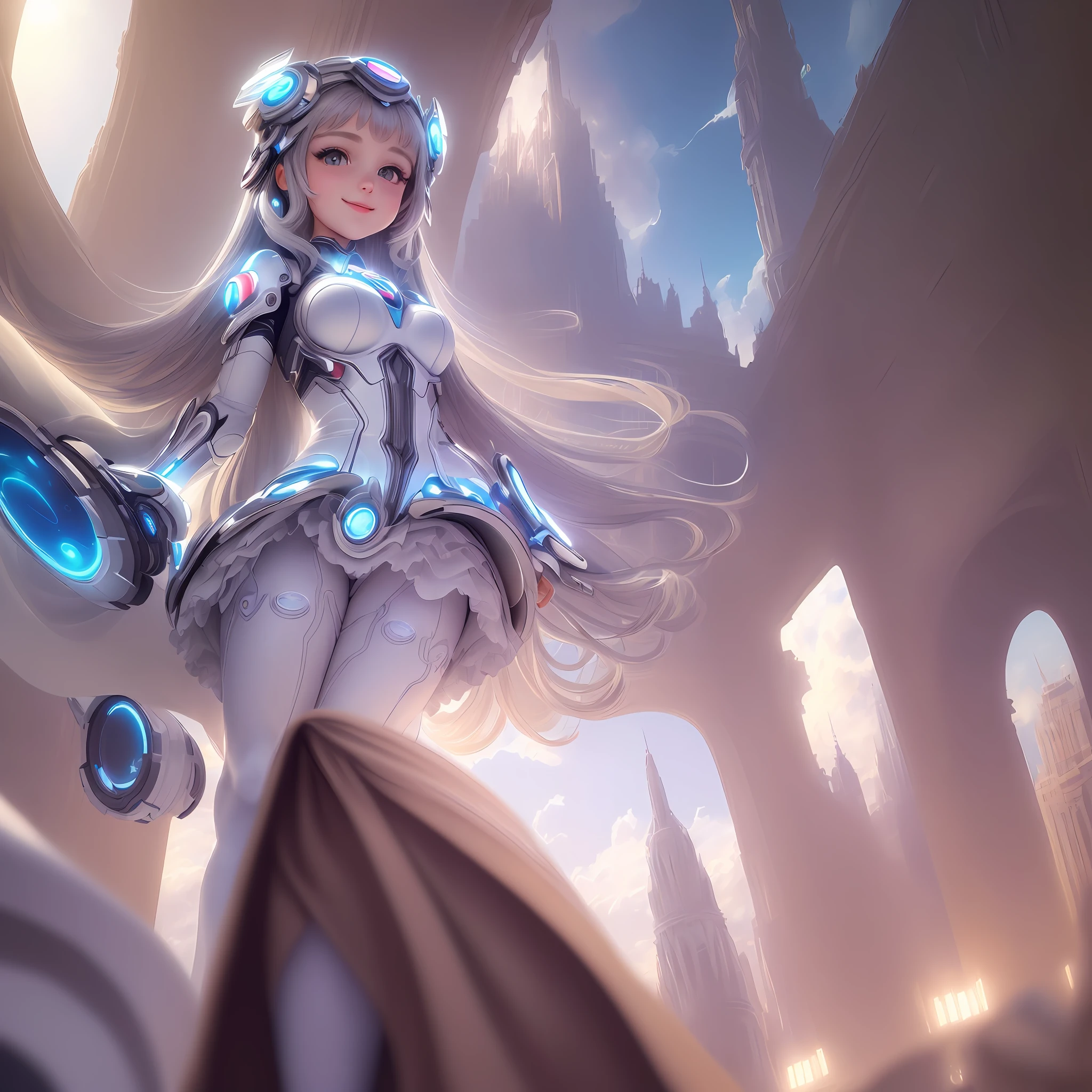 (Masterpiece, Fine and Meticulous Beautiful Eyes: 1.2), Ultra Detailed, Illustration, A Happy Girl in Futuristic Costume with Glowing Gadgets, Standing in the Center of a Utopian Metropolis, Marveling at Its Perfect Harmony, Detailed Background, (Reality: 2), Volumetric Light, Sunlight, Light, Sky, Clouds, White Stockings, Long Legs