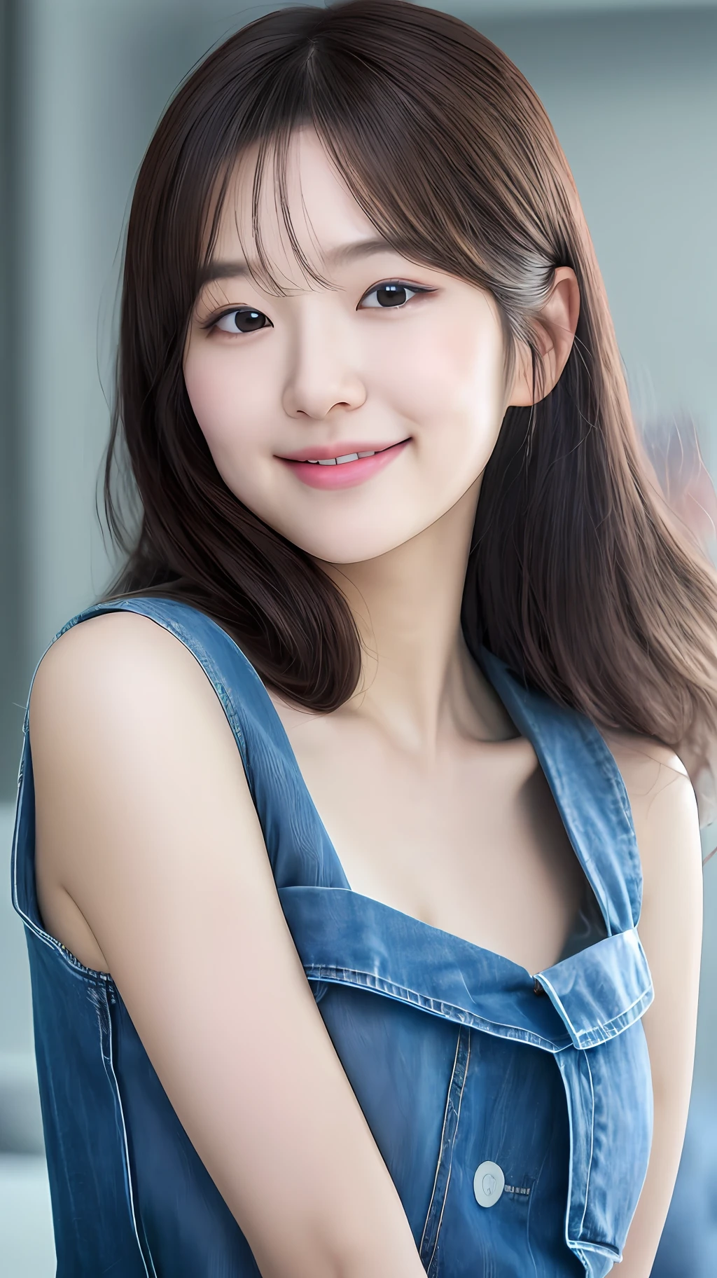 realistic photos of (1 cute Korean star), hair flaps, thin makeup, medium breasts size, slightly smile, sleeveless denim shirt, holding little puppy, clear facial features, high resolution, sharp and realistic details, RAW, 16k, first-person view, Eye-Level Shot, Canon, 135mm, jpeg artifacts, chromatic aberration, UHD, masterpiece, highres, high details