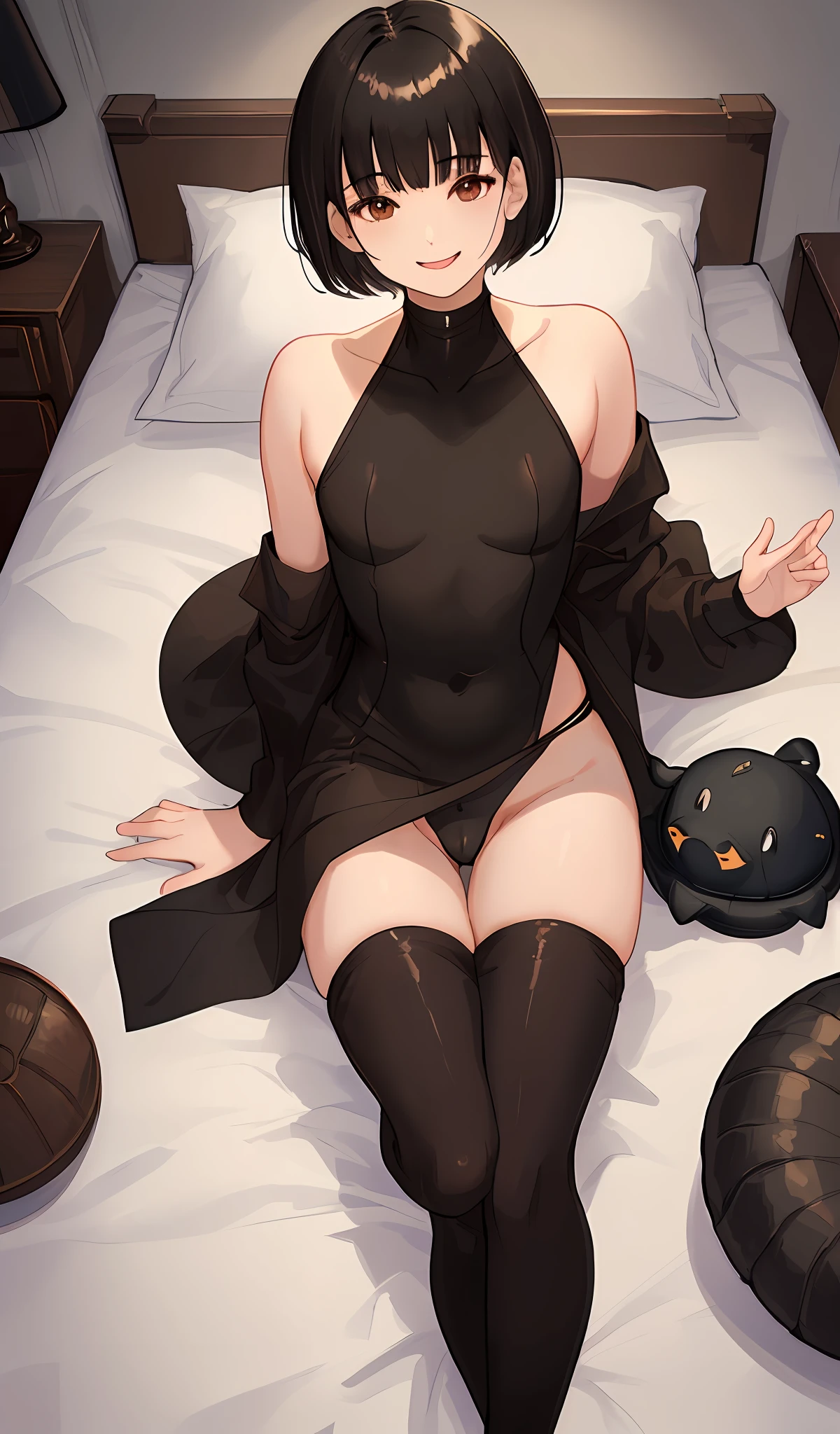 1boy, black hair, bowl cut, wide brown eyes, black turtle neck, androgynous, thigh highs, smile, HD, masterpiece, bedroom, big thighs, slim upper body, smug, best quality, pantless