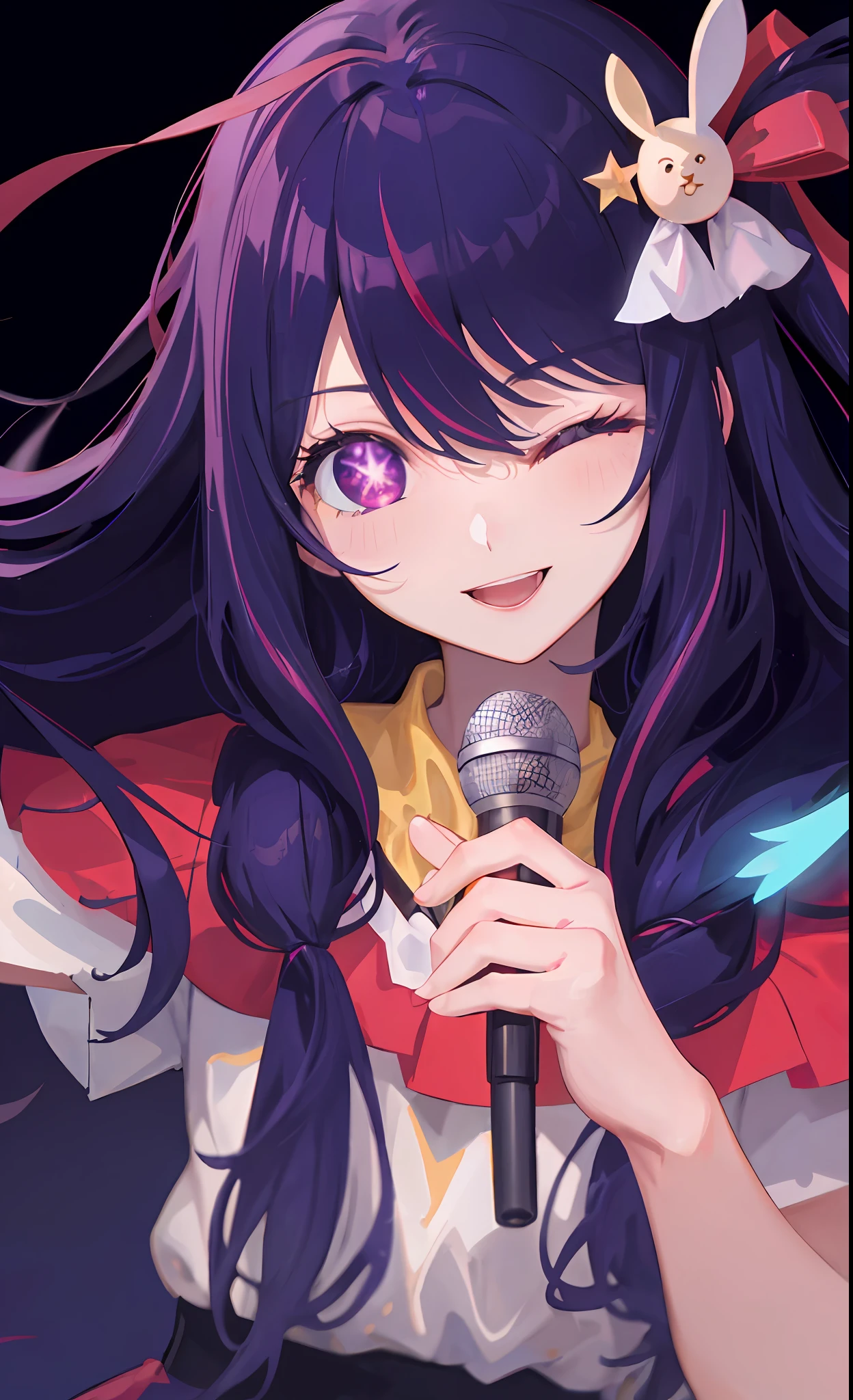 (best quality:1.4, masterpiece, 4k, details), Hoshino Ai, long hair, purple hair, streaked hair ,purple eyes, star-shaped pupils, hair ornament, on stage, smile, right hand pointing at camera, one eye closed, holding a mic with the left hand,close up shot, extremely detailed eyes, glowing eyes, highest quality digital art, Stunning art, wallpaper 4k