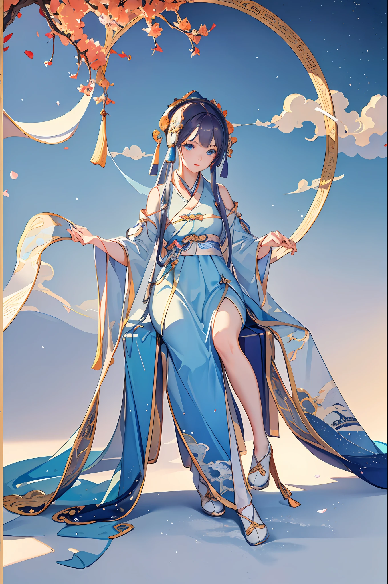 masterpiece, professional lighting, photon mapping, radiosity, physically-based rendering,1girl, full body,absurdres, highres, skyline, beautiful detailed sky, covered,(white hanfu, (tang style:1.3)),blue eyes,