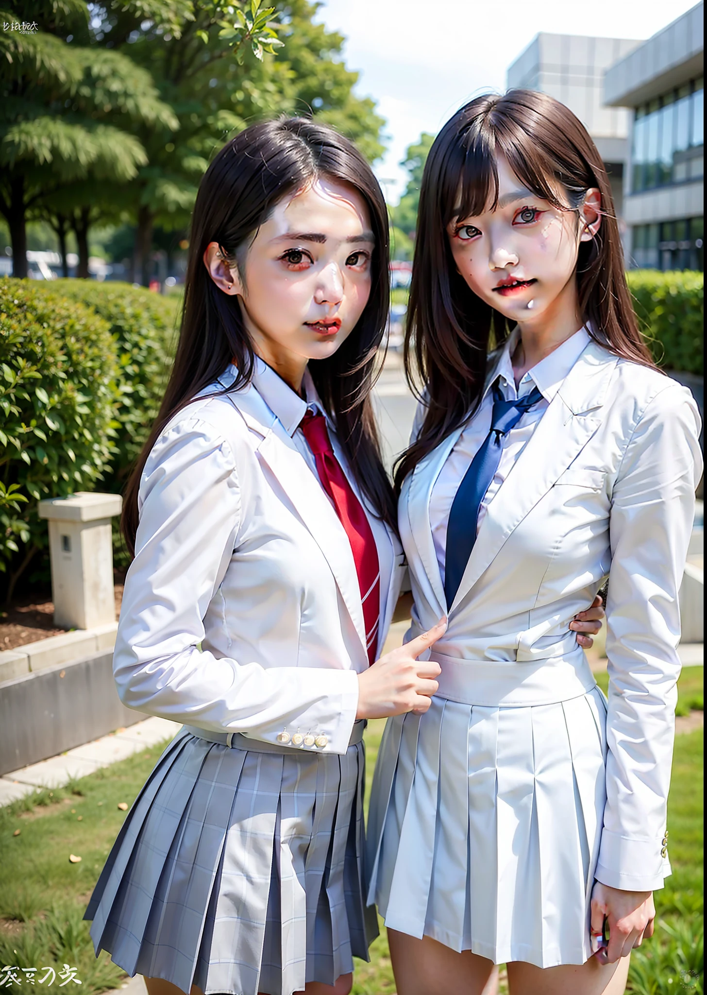 realistic, whites 2pretty girls,
school uniform, looking at the viewer, high school girls, (pleated fabric skirt), tie, white suit, serafuku, posing, hanami,
black eyes, woman, shiny skin, (skindentation), small breasts
