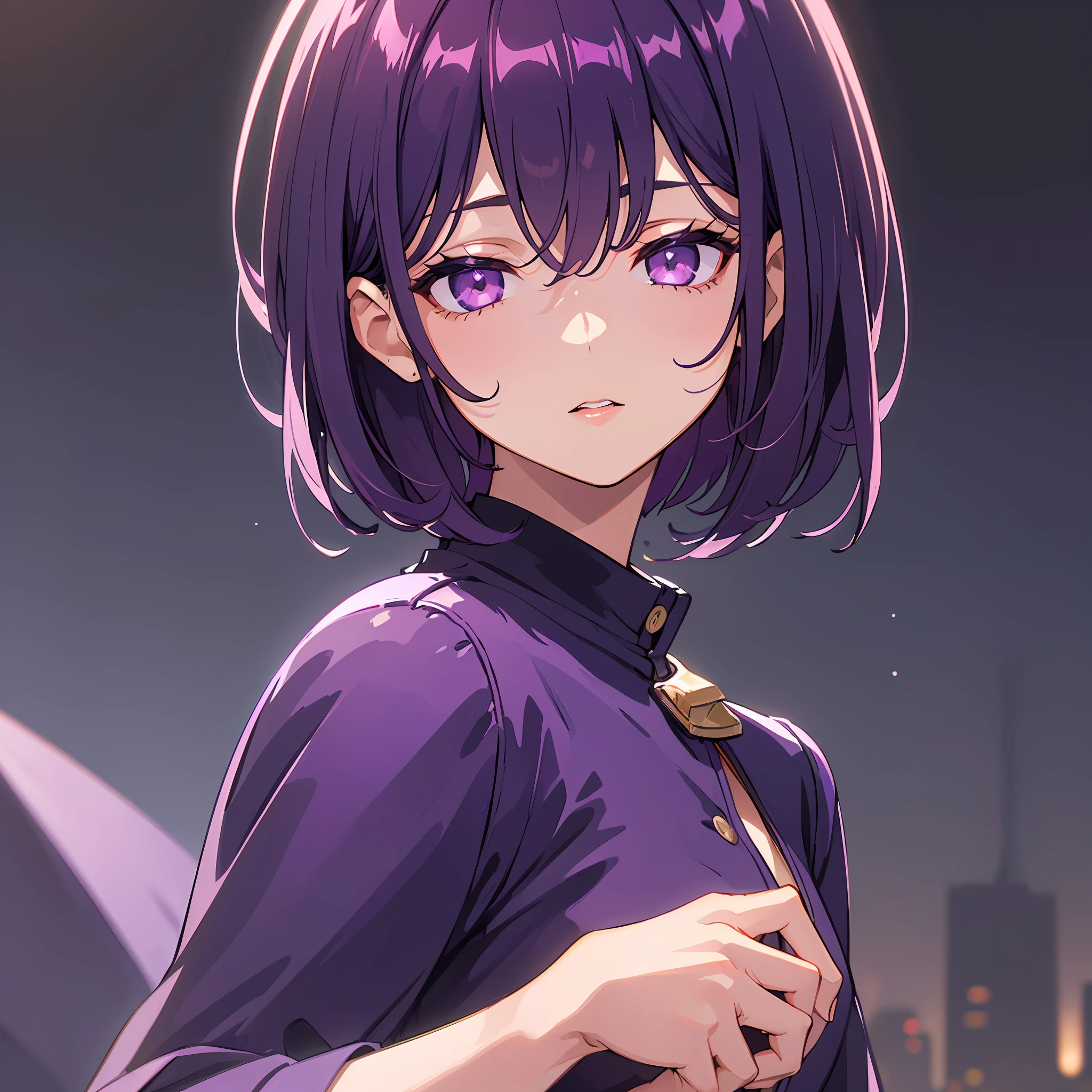 (masterpiece, best quality), ((1girl, (mature)), (dark purple hair, short hair, straight hair, beautiful hair), (purple eyes, beautiful eyes, eye highlights, sharp eyes)), (simplier background, dark background , city background), (highres, chromatic aberration),