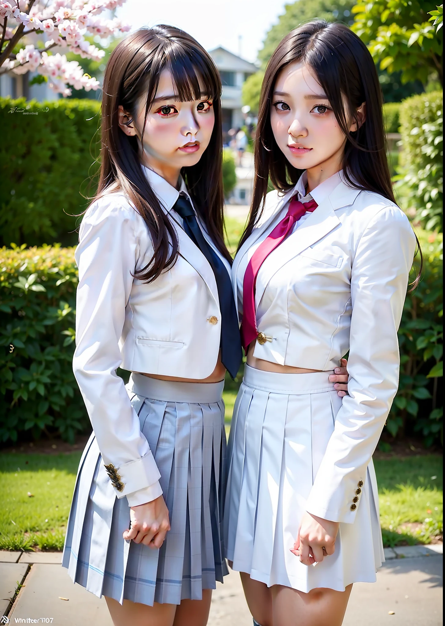 realistic, whites 2pretty girls,
school uniform, looking at the viewer, high school girls, (pleated fabric skirt), tie, white suit, serafuku, posing, hanami,
black eyes, woman, shiny skin, (skindentation), small breasts